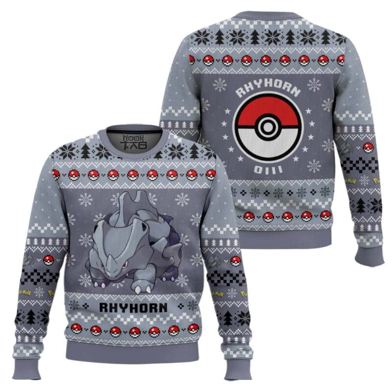 Rhyhorn pkm Ugly Christmas Sweater, Anime Holiday Sweatshirt Gift