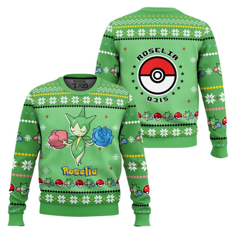 Roselia Ugly Christmas Sweater, Pokemon Gen 3 Anime Xmas Sweatshirt Roselia Ugly Christmas Sweater, pkm Gen 3 Anime Xmas Sweatshirt - Image 1