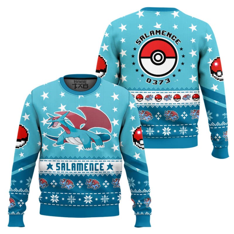Salamence pkm Ugly Christmas Sweater, Dragon Type Gamer Holiday Jumper
