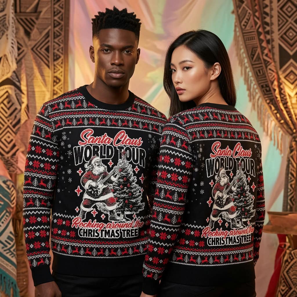 Santa Claus World Tour Ugly Christmas Sweater, Rocking Around the Christmas Tree Sweatshirt, Funny Santa Xmas Pullover, Holiday Gift for Men Women