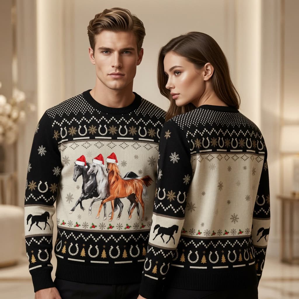 Santa Horses Ugly Christmas Sweater Unisex - Running Horse Holiday Knit Pullover