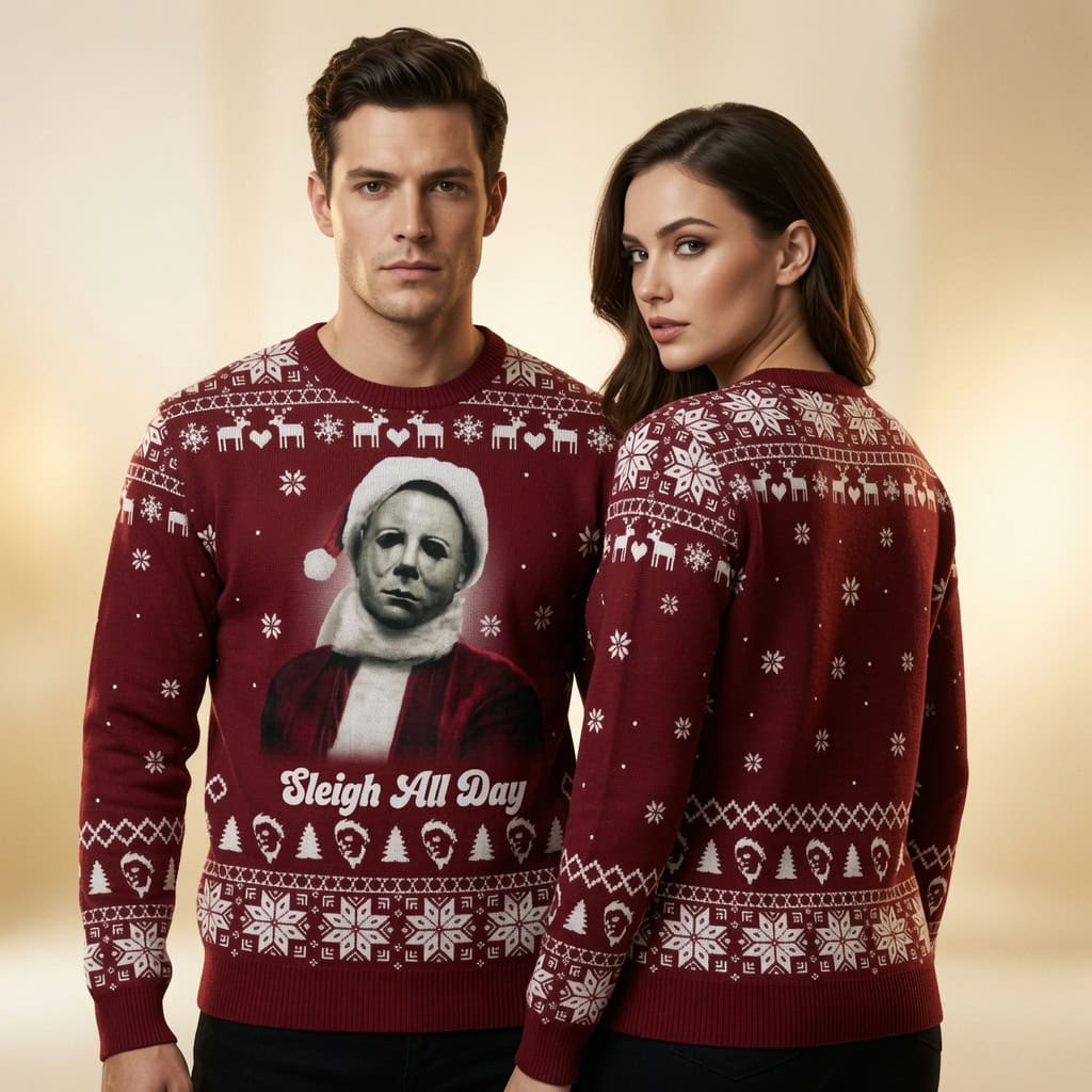 Sleigh All Day White Mask Killer Ugly Sweater, Creepy Xmas Sweatshirt