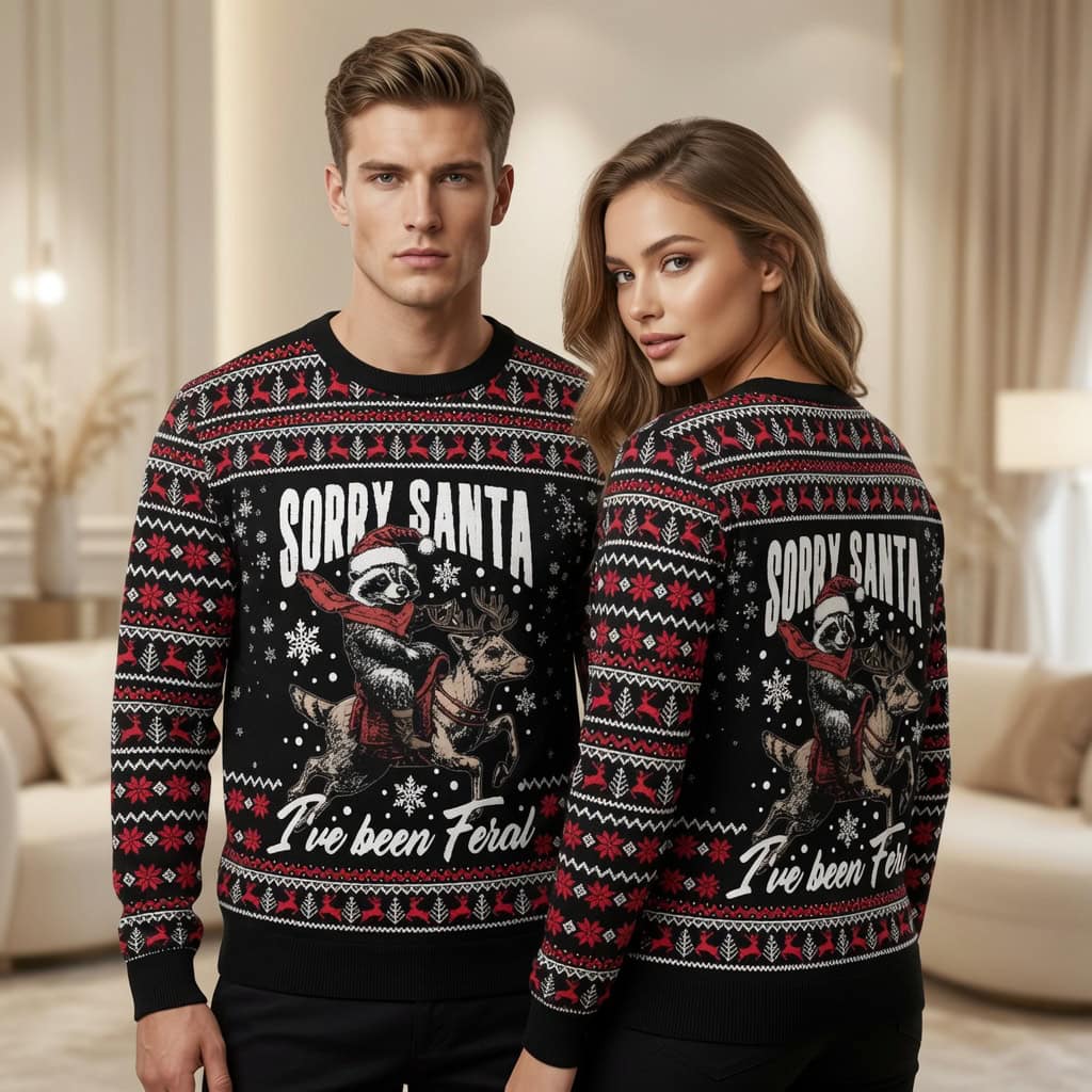 Sorry Santa I ve Been Feral Unisex - Funny Raccoon Ugly Christmas Sweater