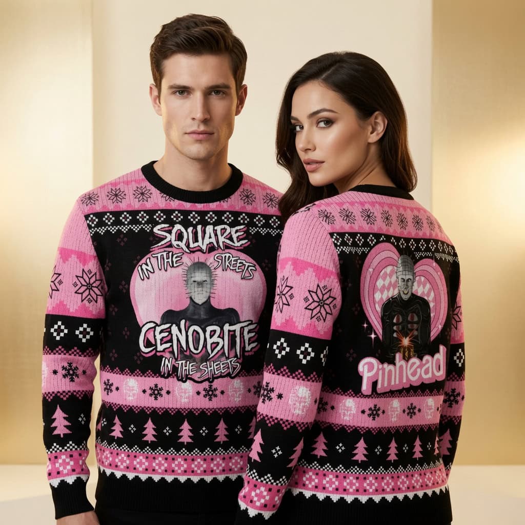 Square In The Streets Horror Ugly Christmas Sweater, Pink Xmas Sweatshirt
