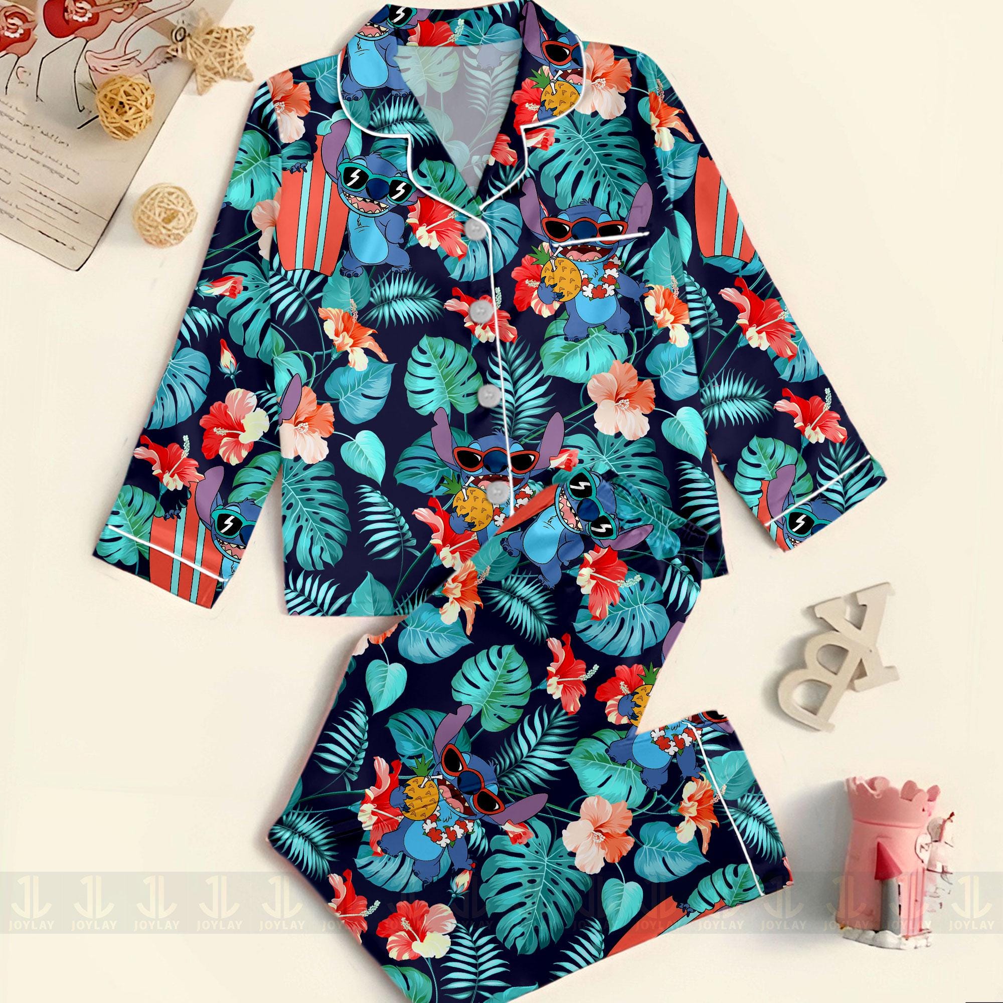 Stitch Aloha Satin Pajamas Set, Cute Tropical Satin Sleepwear, Vacation Pajama Gift Stitch Aloha Satin Pajamas Set, Cute Tropical Satin Sleepwear, Vacation Pajama Gift - Image 1