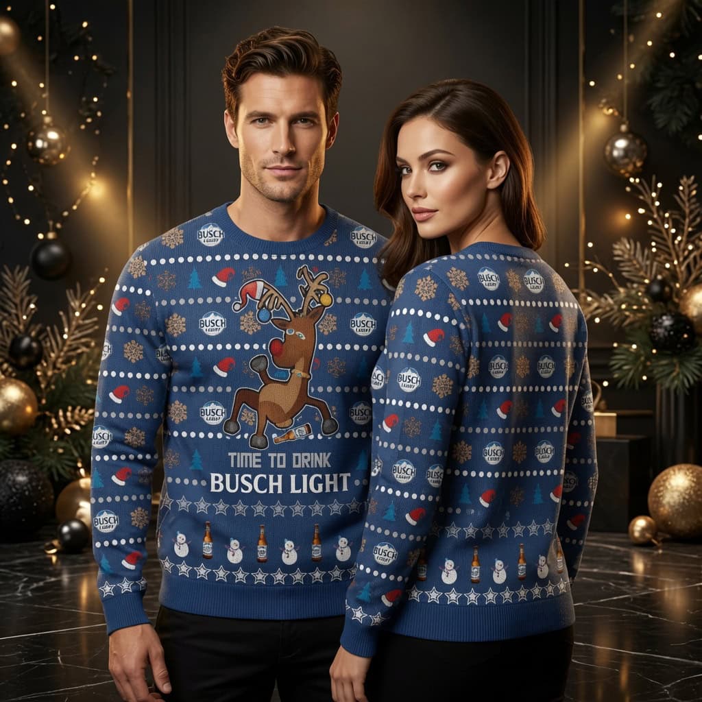 Time To Drink Busch Light Ugly Christmas Sweater - Funny Drunk Reindeer Holiday Sweater