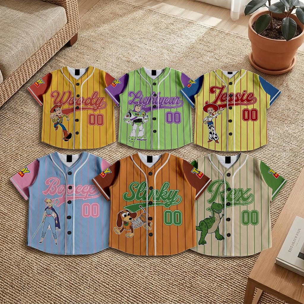 Toy Story Baseball Jersey, Woody, Buzz Lightyear, Jessie, Bo Peep, Slinky, Rex Toy Story Baseball Jersey, Woody, Buzz Lightyear, Jessie, Bo Peep, Slinky, Rex - Image 1