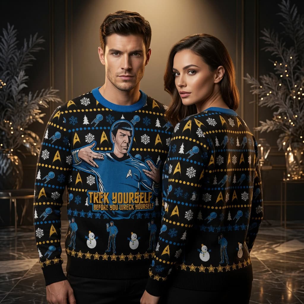 Trek Yourself Before You Wreck Yourself Ugly Christmas Sweater – Funny Spock Holiday Sweater Trek Yourself Before You Wreck Yourself Ugly Christmas Sweater - Funny Spock Holiday Sweater - Image 1