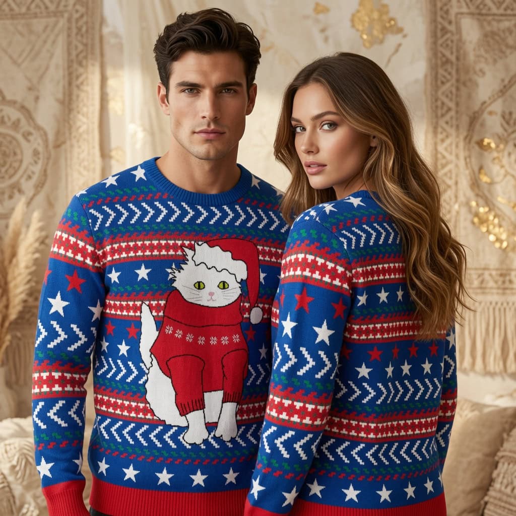 White Cat Christmas Sweater, Winter Holiday Sweatshirt