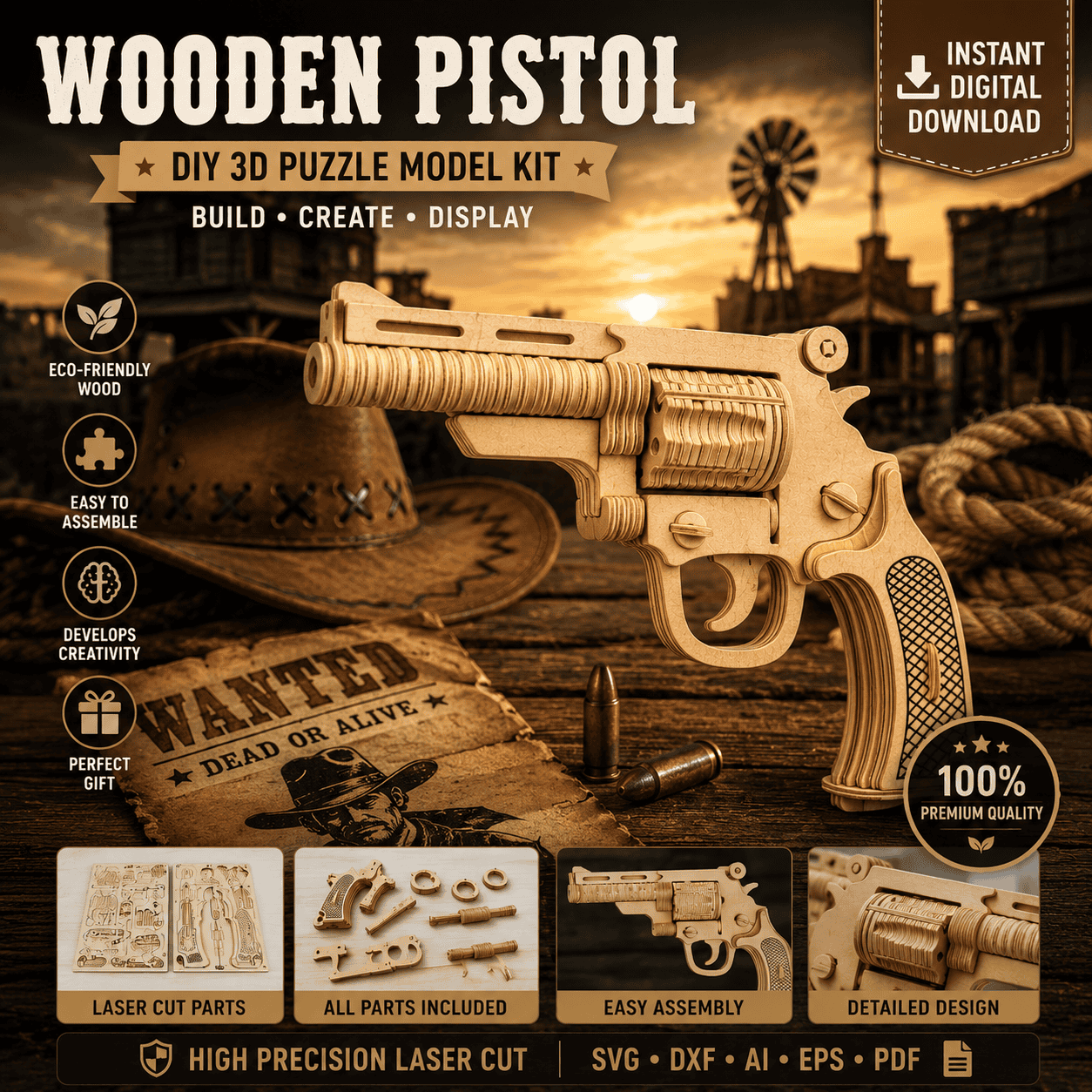 e0451b2f-40d0-43ae-b345-76db1368d3c4(1) Pistol 3D Puzzle SVG | Wooden Revolver Laser Cut Files | DIY Model Kit | SVG DXF AI EPS PDF | CNC & Glowforge Ready - Image 1