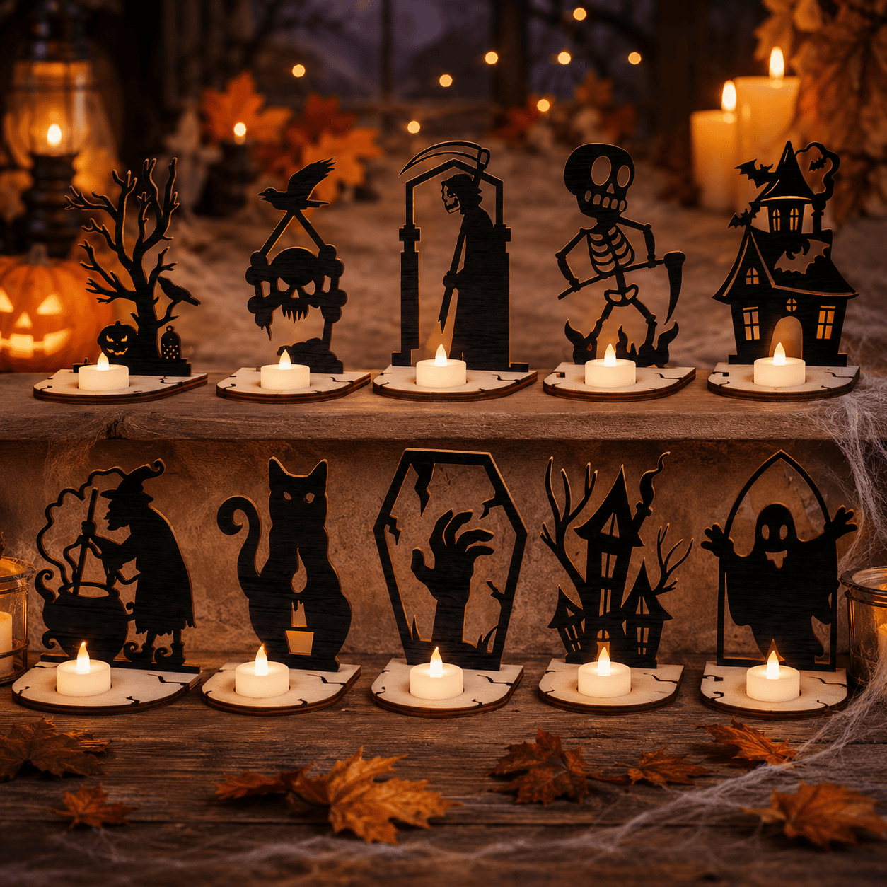 e83dea38-0a84-453a-a637-8151f289ae81 Halloween Tea Light Holder SVG Bundle | Halloween Candle Holder SVG | Haunted House, Grim Reaper, Skeleton, Ghost, - Image 1