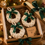 Handmade Mini Knit Christmas Wreaths Set, Crochet White Wreath Ornaments with Green Bows, Holiday Tree Decor, Christmas Gift Box