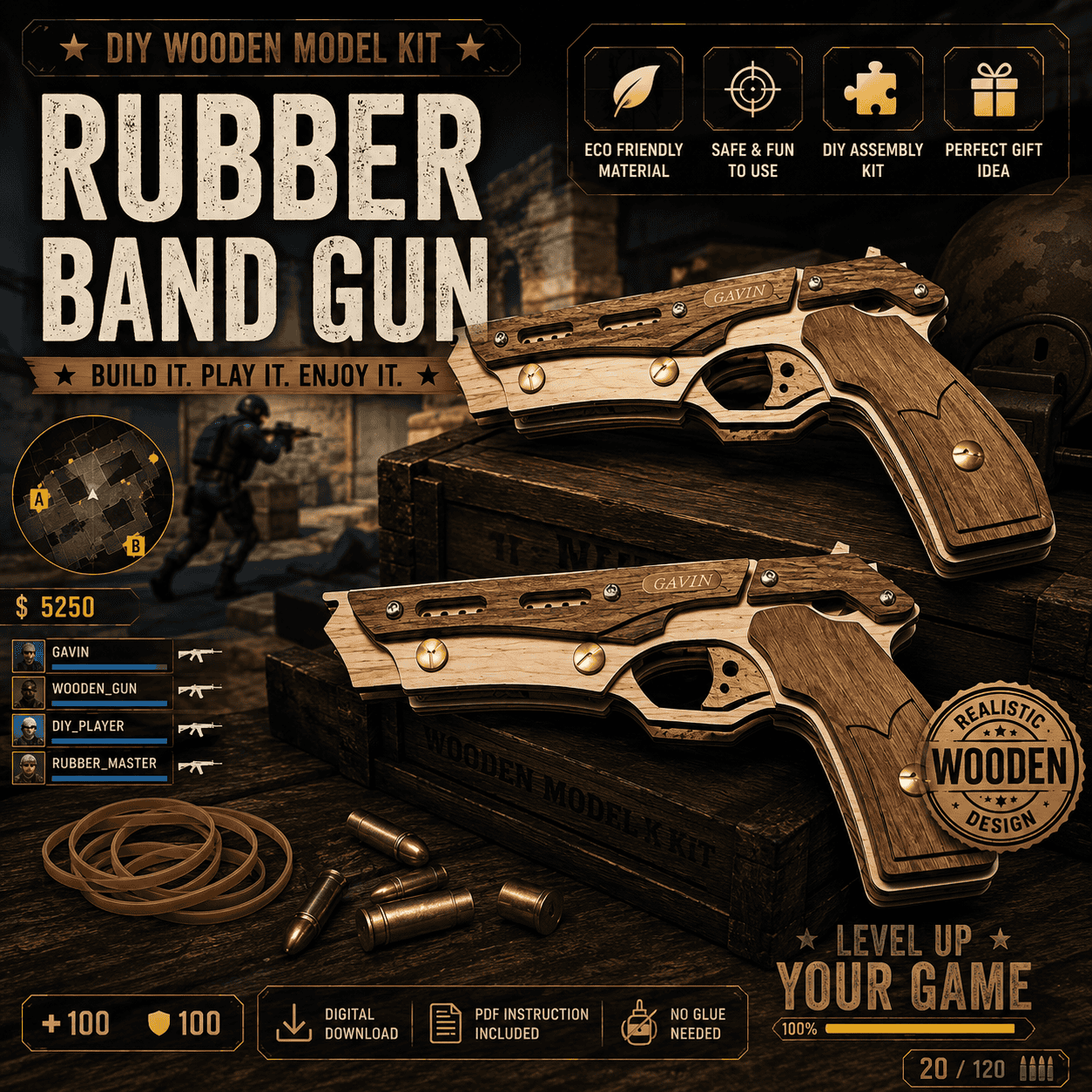 f8da1467-1c84-4804-8411-6aa3afeca5fc(1) Wooden Rubber Band Pistol SVG | DIY Laser Cut Files | CNC, Glowforge, xTool, LightBurn | Instant Download - Image 1