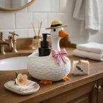 Goose Soap Dispenser Holder with Bow | Cute Farmhouse Bathroom Decor | Goose Sink Organizer | Kitchen Soap Bottle Stand | Rustic Home Gift
