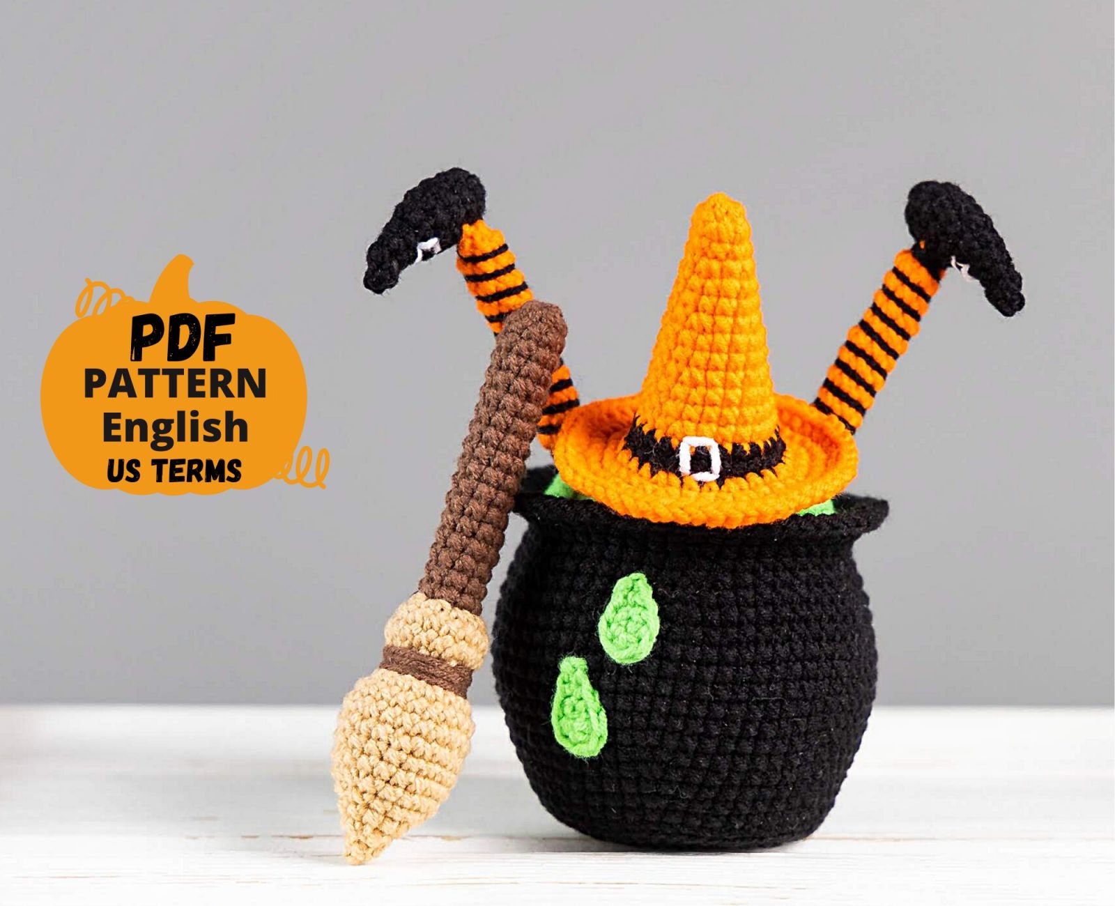 il_fullxfull.3920067621_2x9o.jpg Halloween crochet patterns: Witch broom with cauldron and crochet witch hat, Crochet Halloween decor, Halloween amigurumi pattern - Image 1