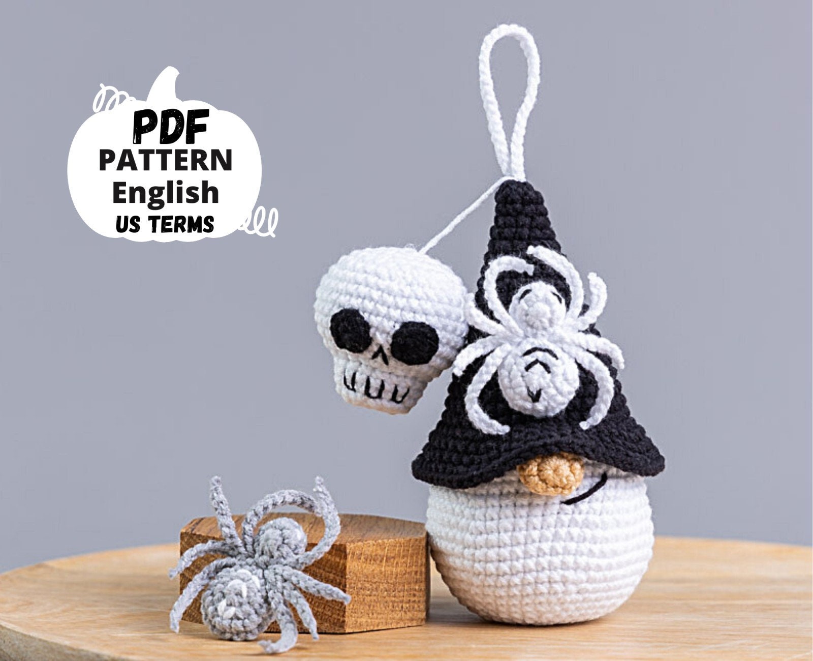 il_fullxfull.4145958537_8oti.jpg Halloween crochet keychain pattern gnome with skull ans spider, Keychain skull crochet pattern, Crochet Halloween spider gnome pattern - Image 1