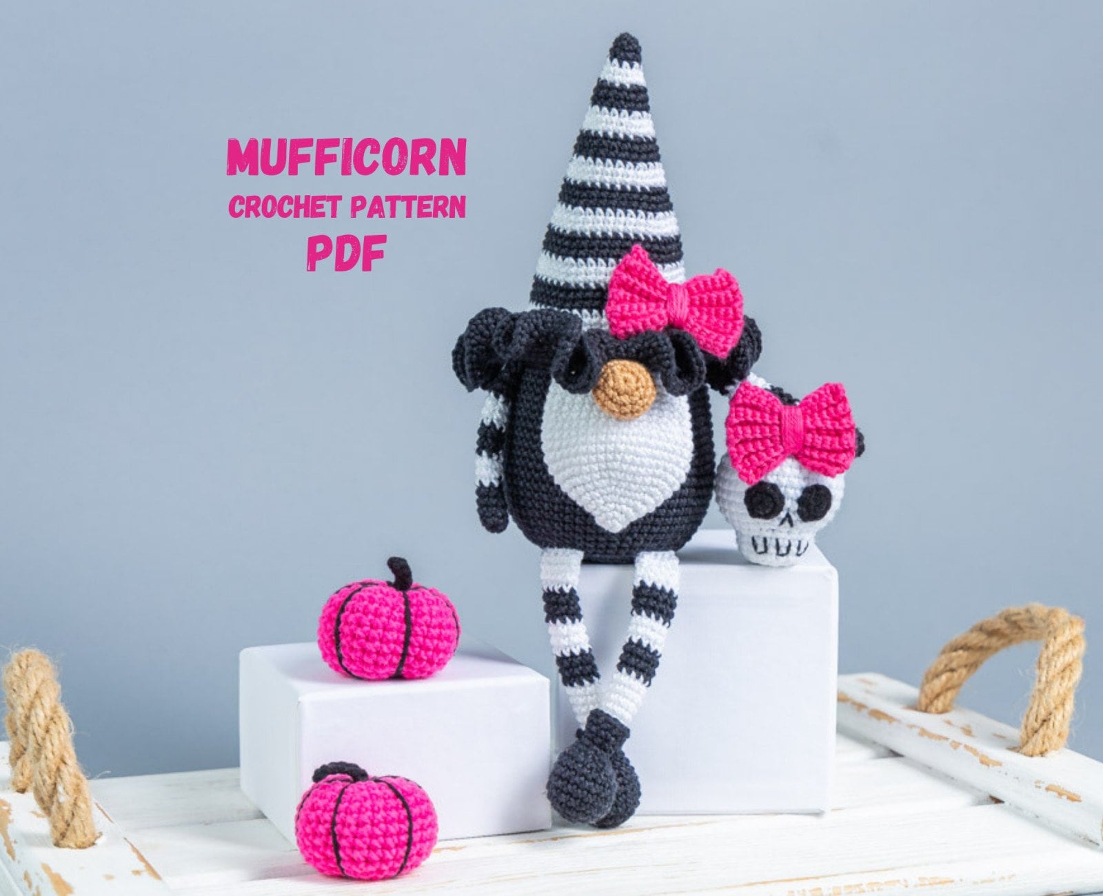 il_fullxfull.5240217863_hh2b.jpg Halloween crochet patterns gnome with skull bow and pumpkin, Halloween Gnome and skull crochet pattern, Crochet Halloween pumpkin decoration - Image 1