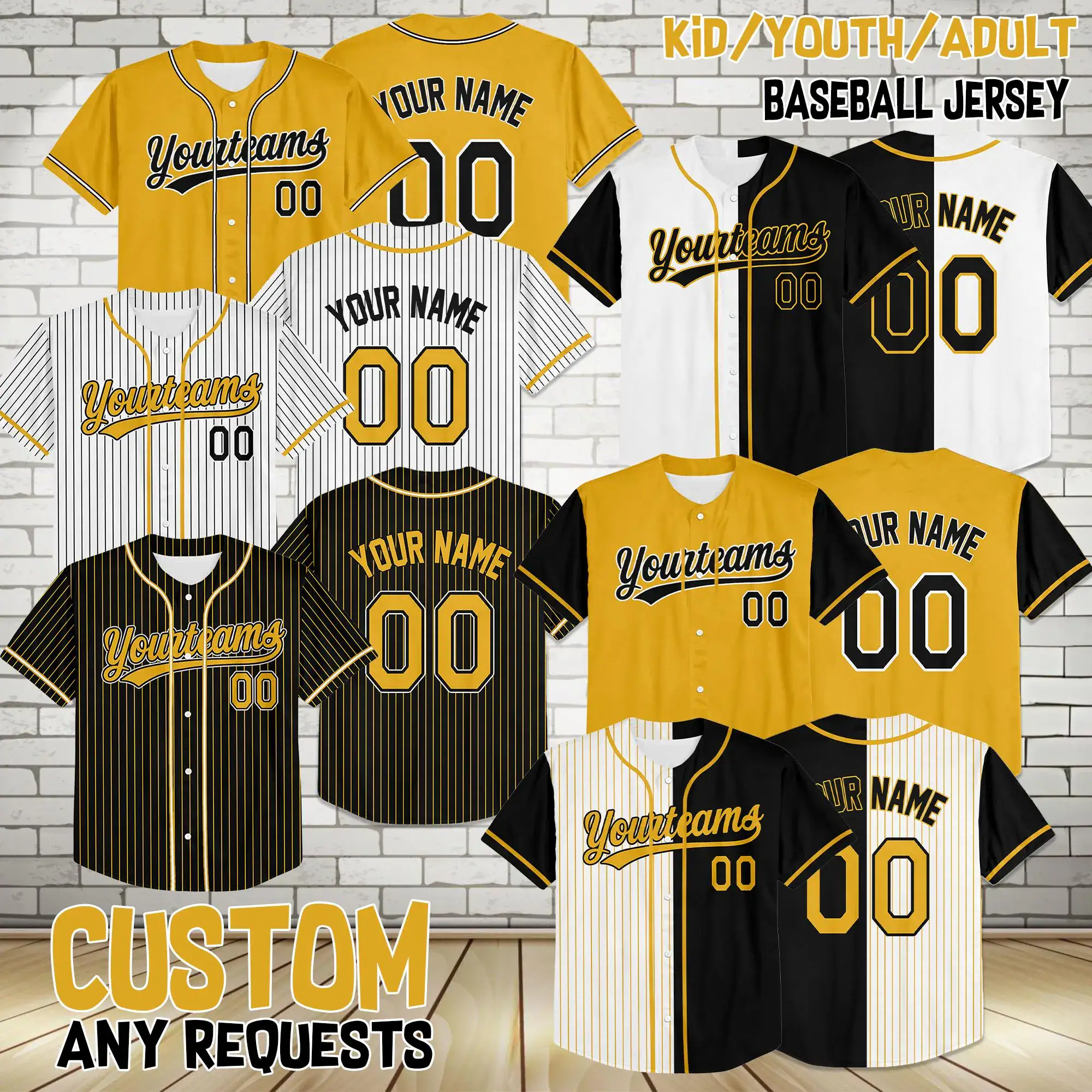 Custom Black Yellow Collection Baseball Jersey, Custom Name Number Sports Team Uniform Wedding Jerseys Gifts for Men Women Kids Toddler Fan