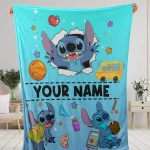 Custom Cute Stiitch n Lilo Cartoon Fleece Blanket, Stiitch Back to School Animated Blanket, First Day of School Blanket Gifts For Kid, Baby