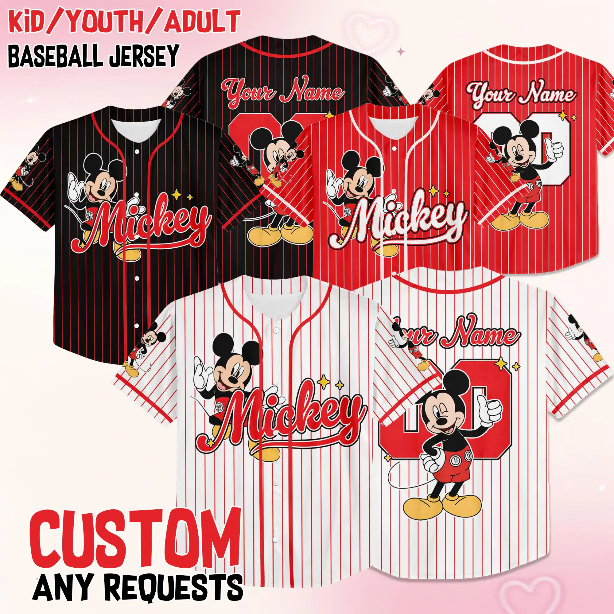 Custom Mickey Mouse Collection Baseball Jersey, Mickey Mouse Jersey, land Baseball Team Matching Outfit, Birthday Gift