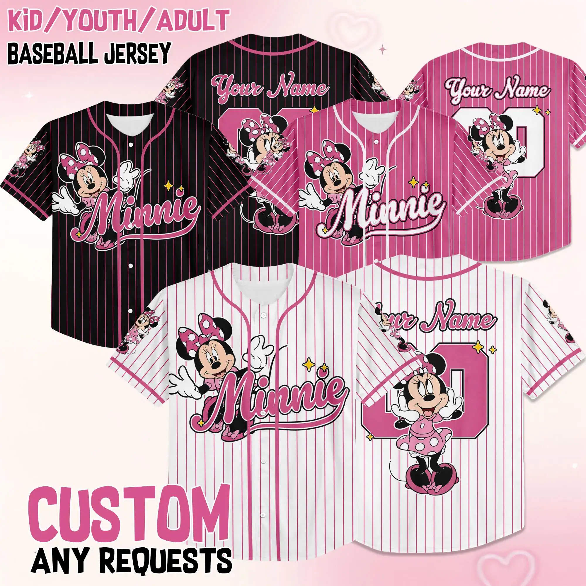 Custom Minnie Mouse Collection Baseball Jersey, Minnie Mouse Jersey, land Baseball Team Matching Outfit, Birthday Gift