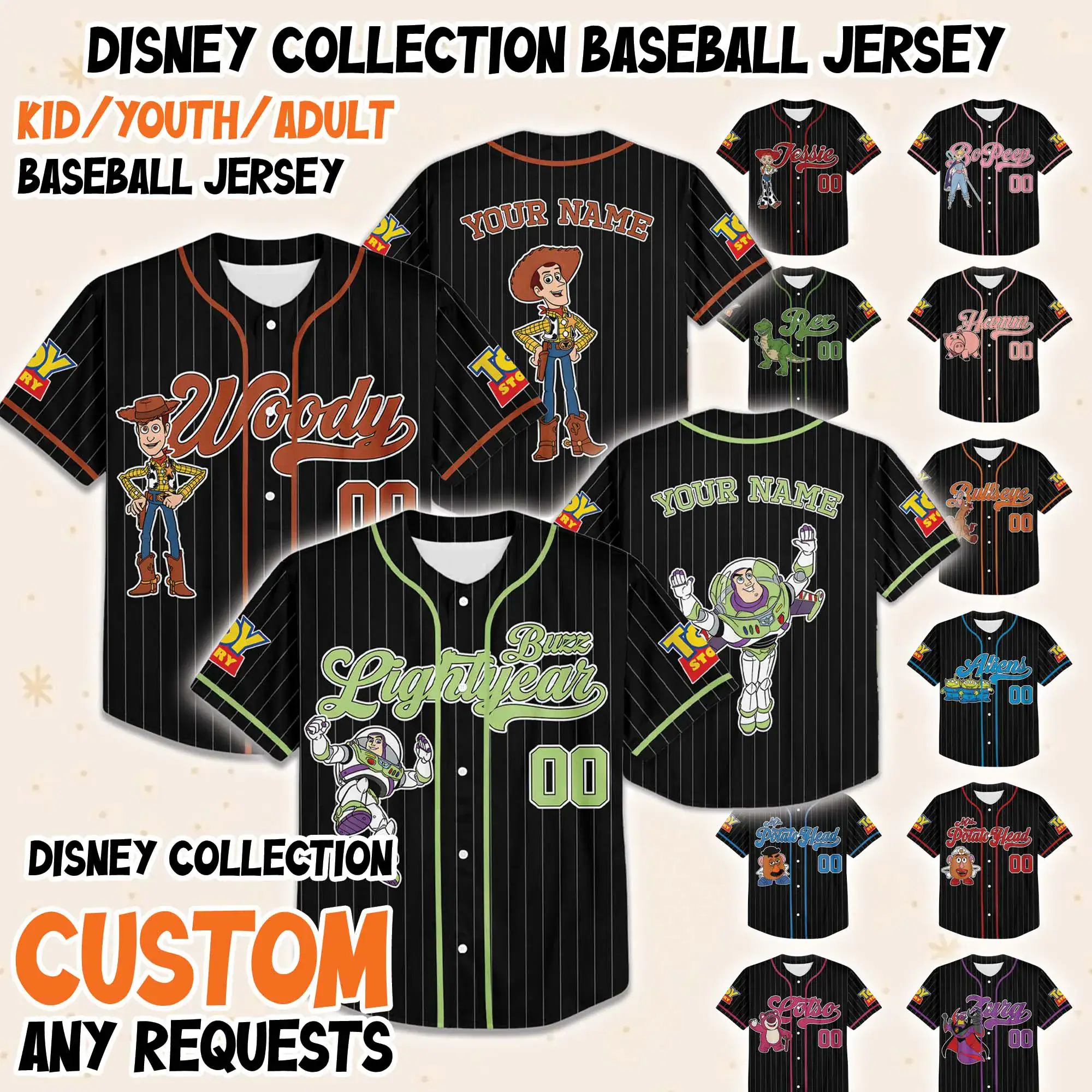 Custom Toy Story Characters Baseball Jersey, Toy Story Movie Jersey, Toy Story and Friends Birthday Funny Jersey Gifts