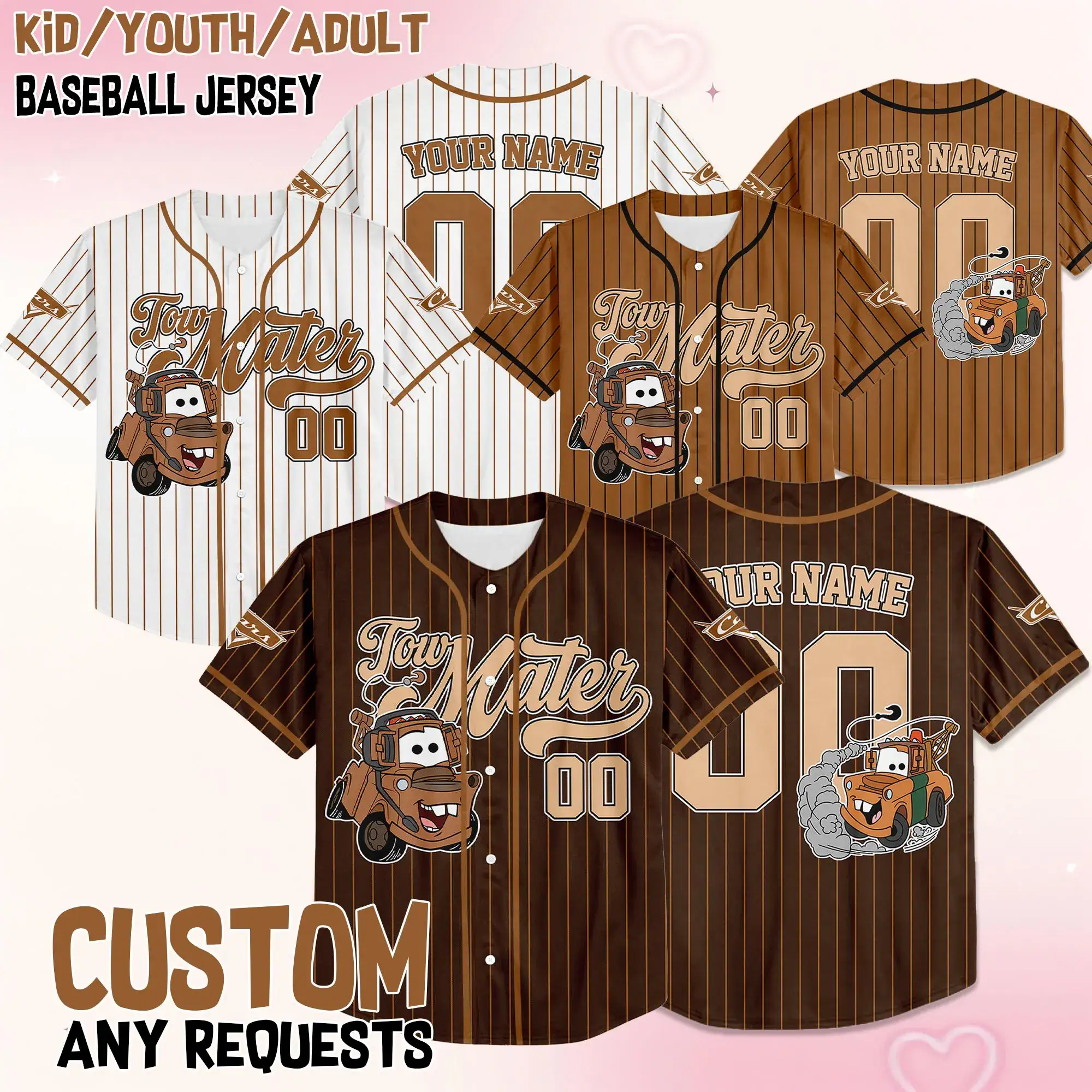 Personalized Tow Mater Pixar Cars Baseball Jersey, Custom Cars Tow Mater Jersey Shirt, Cars Birthday Gift