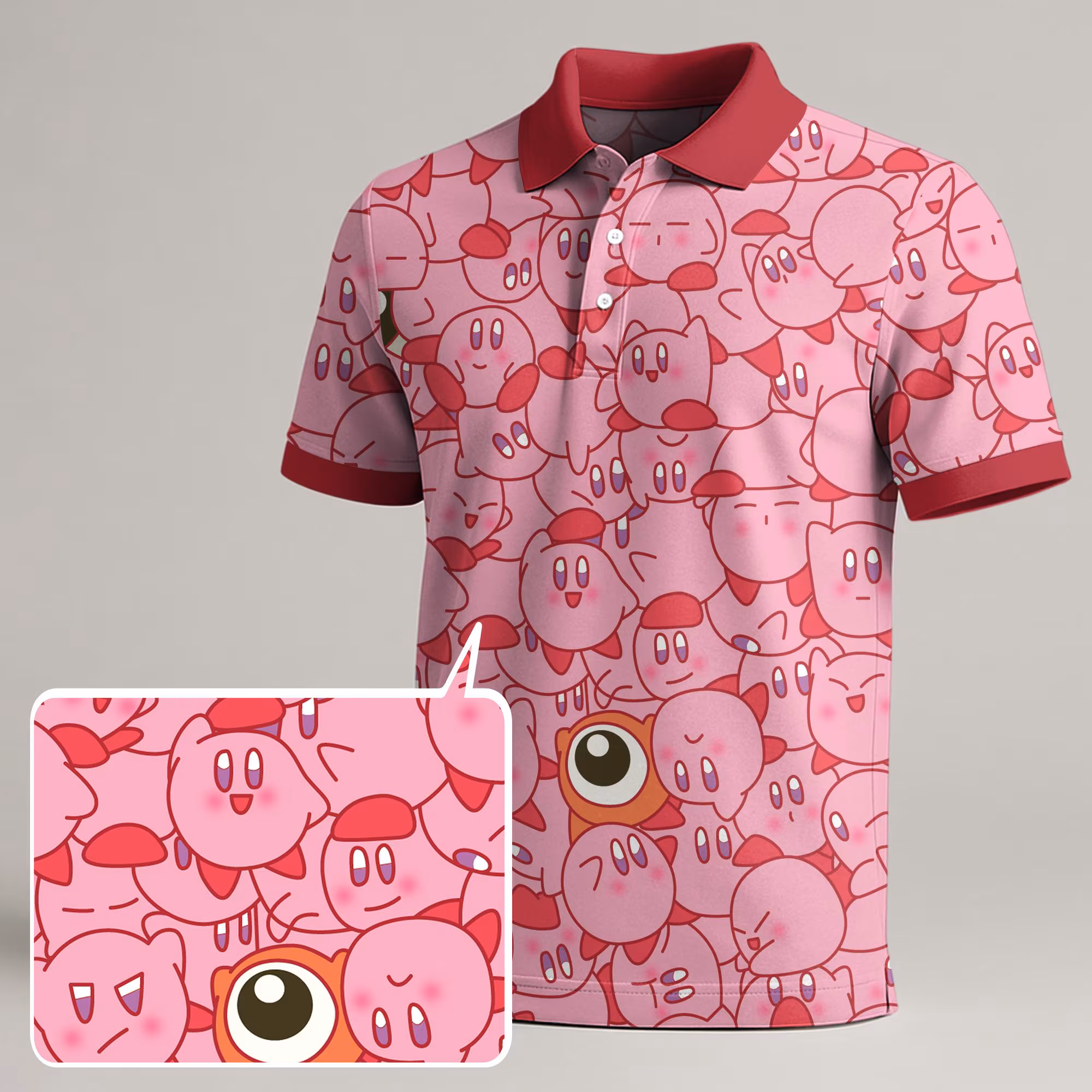 Kirby Polo Shirt, Funny Pink Summer Shirt for Men and Women, Kawaii Gift Tee, Cute Vintage Style Polo for Kirby Fans