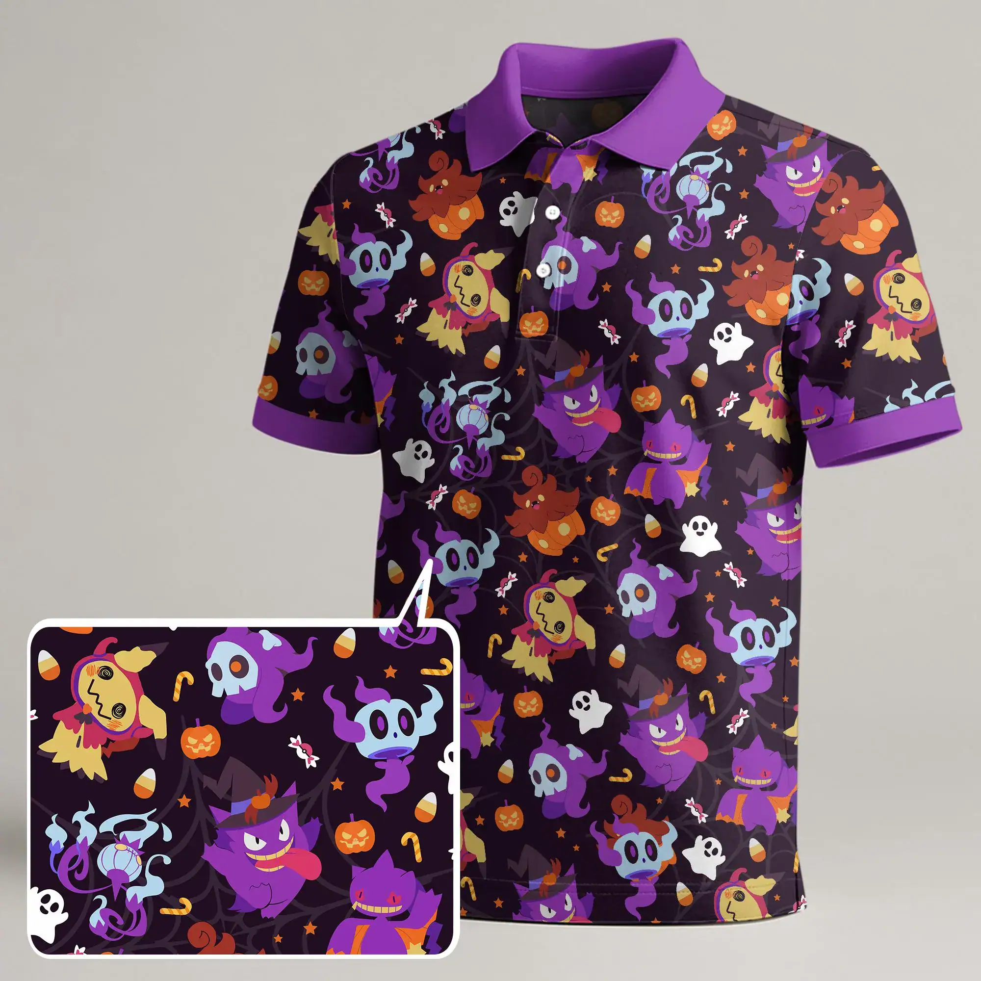 Gengar Mimikyu Polo Shirt, Unisex Halloween Ghost Pattern Polo, Cute Kawaii Graphic Polo Top, Summer Shirt Gift, Gengar Shirt Gifts