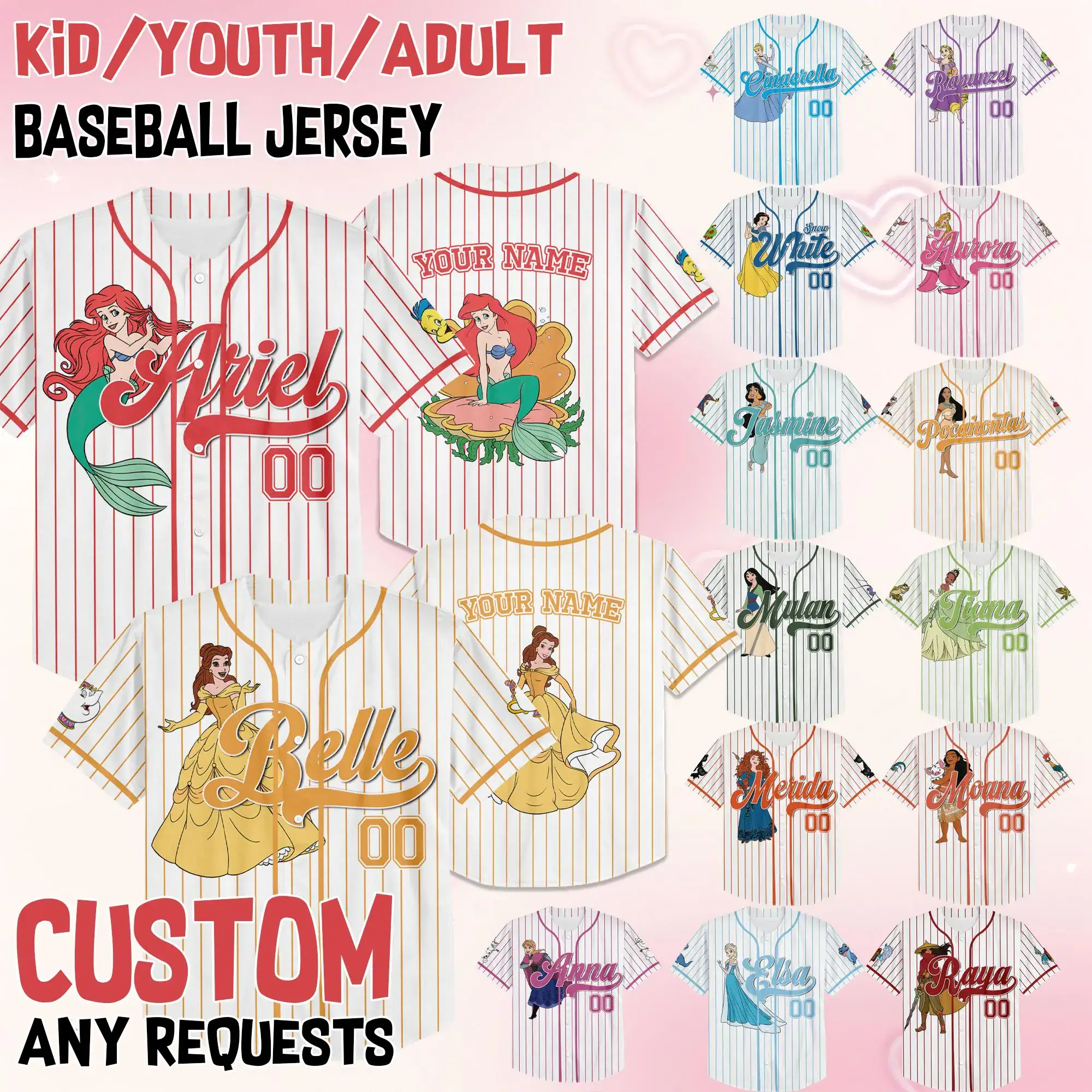 Custom Princess Collection Baseball Jersey, Game Day Kid Adult Jersey, Gift For Baseball Fan, Princess Matching Gift