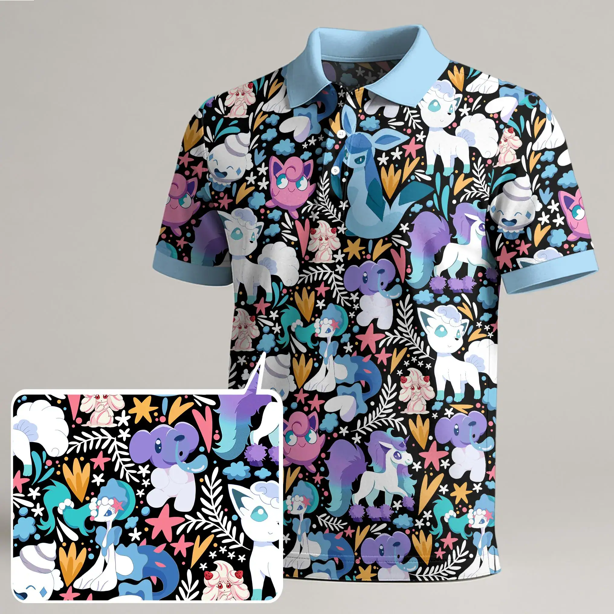 Vulpix Jigglypuff Polo Shirt, Alolan Vulpix Summer Polo Top, Funny Cute Kawaii Mens Polo, Trendy Vintage Shirt Pattern, Vulpix Gift Shirt
