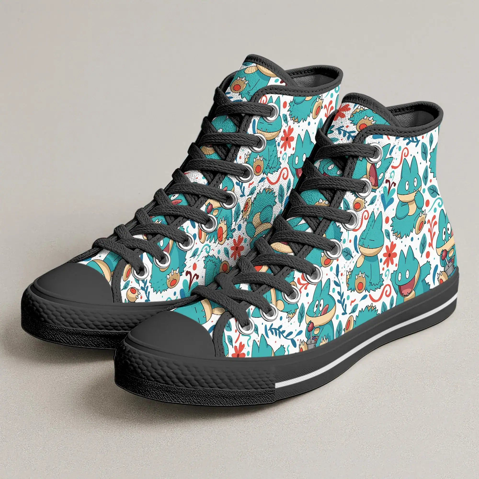 Munchlax High Top Canvas Shoes, Floral Kawaii Art Sneakers, Unisex Handmade Canvas Shoes, Cute Printed Shoes, Munchlax Shoes Gifts