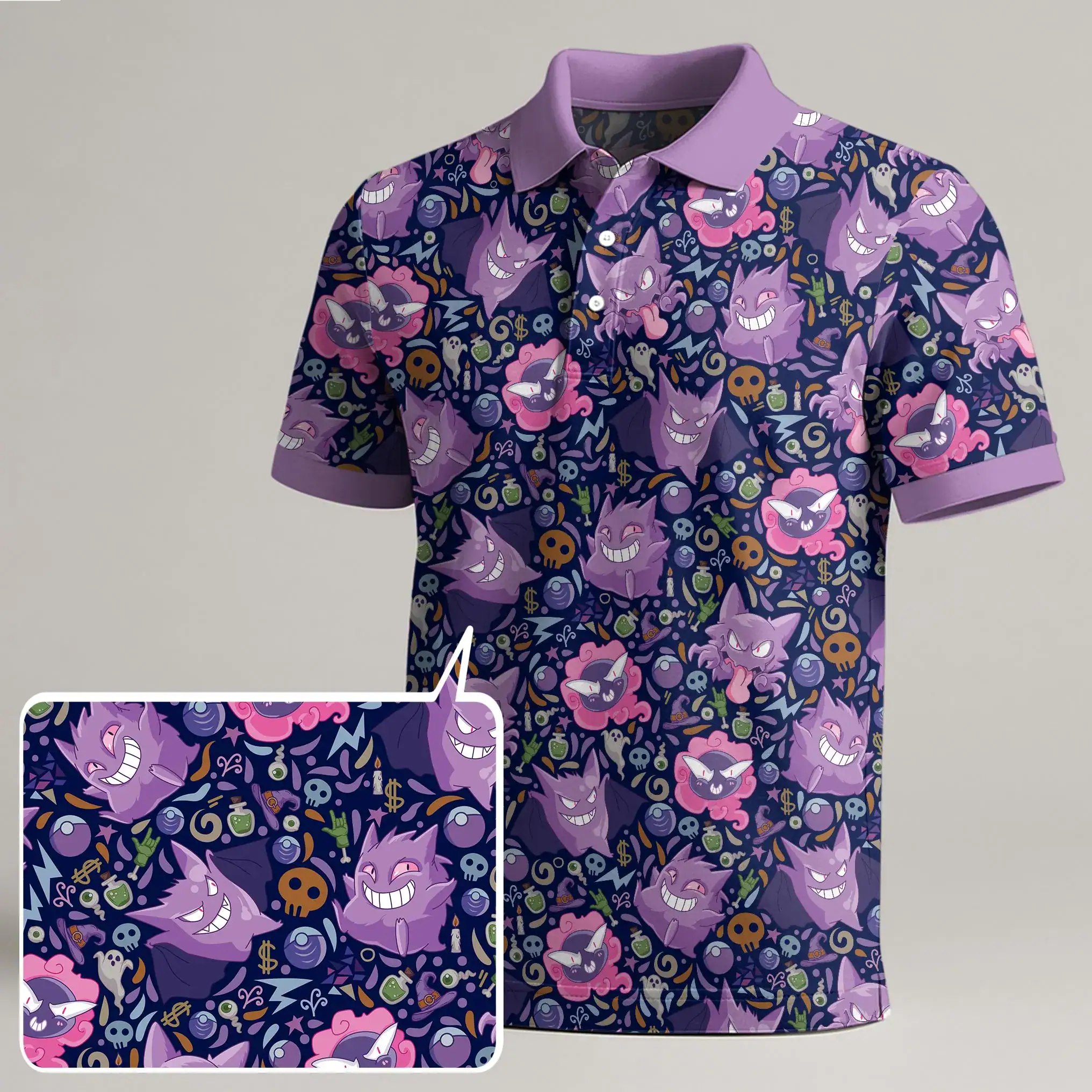 Gengar Polo Shirt, Cute Ghost Pattern Polo, Kawaii Funny Summer Shirt, Trendy Purple Polo Gift, Gengar Top