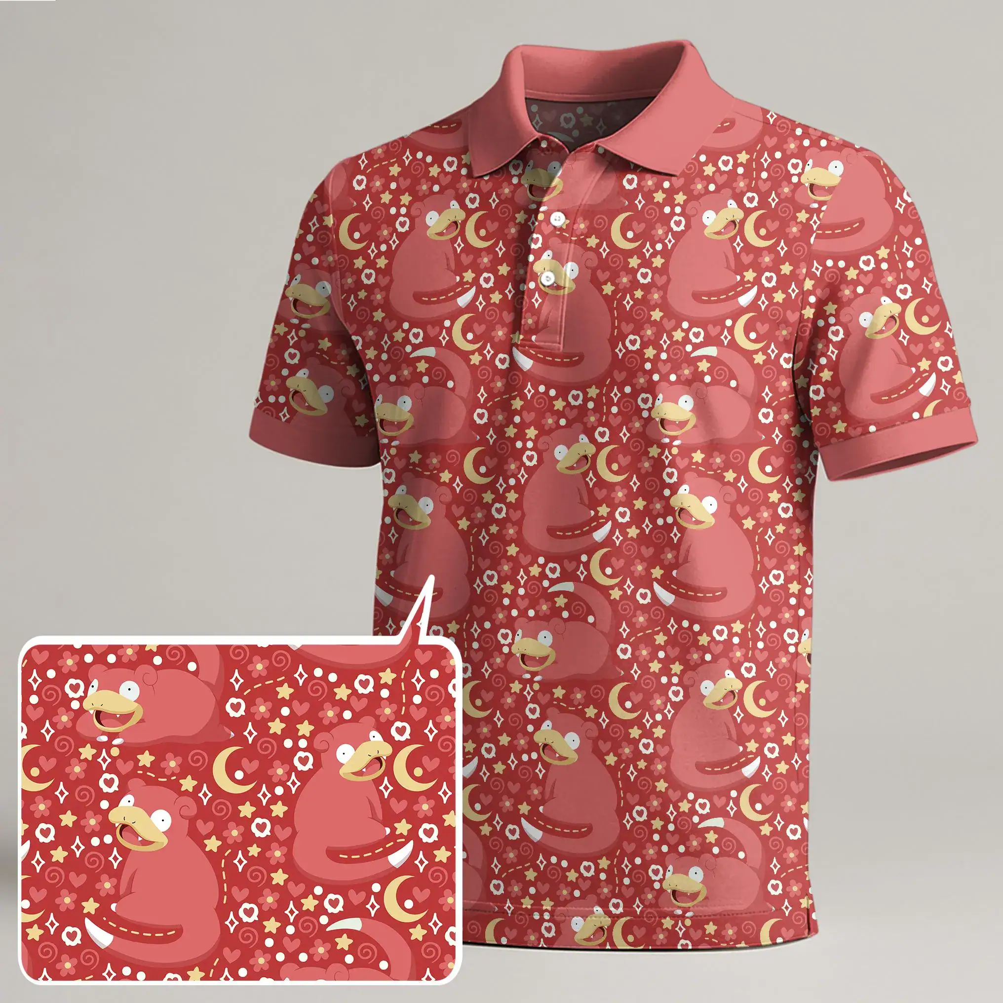 Slowpoke Polo Shirt, Cute Pink Polo, Kawaii Pattern Polo, Cozy Aesthetic Casual, Slowpoke Gift