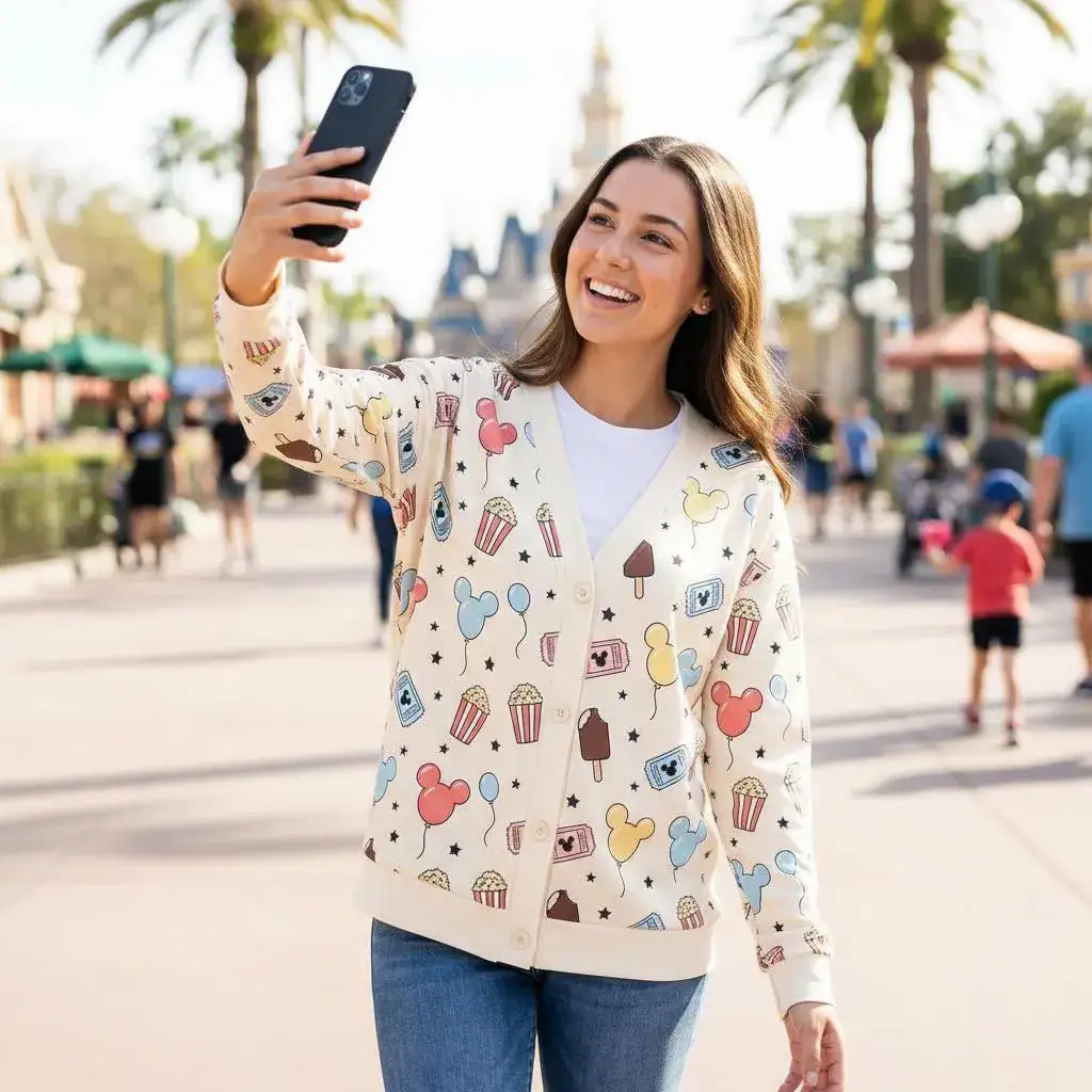 DN Mickey Snack Printed Cardigan, Mickey Ice Cream Cardigan, DNland Trip Outfit, Mickey Balloon Shirt, DN Park Food Cardigan - Image 4