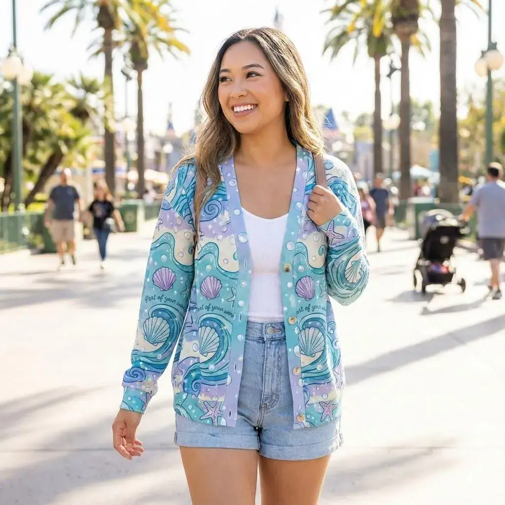 Ariel Cardigan, DN Ariel Little Mermaid Cardigan, Ocean Seashell Mermaid Theme, Pastel All Over Print Cardigan, DN Princess Outfit