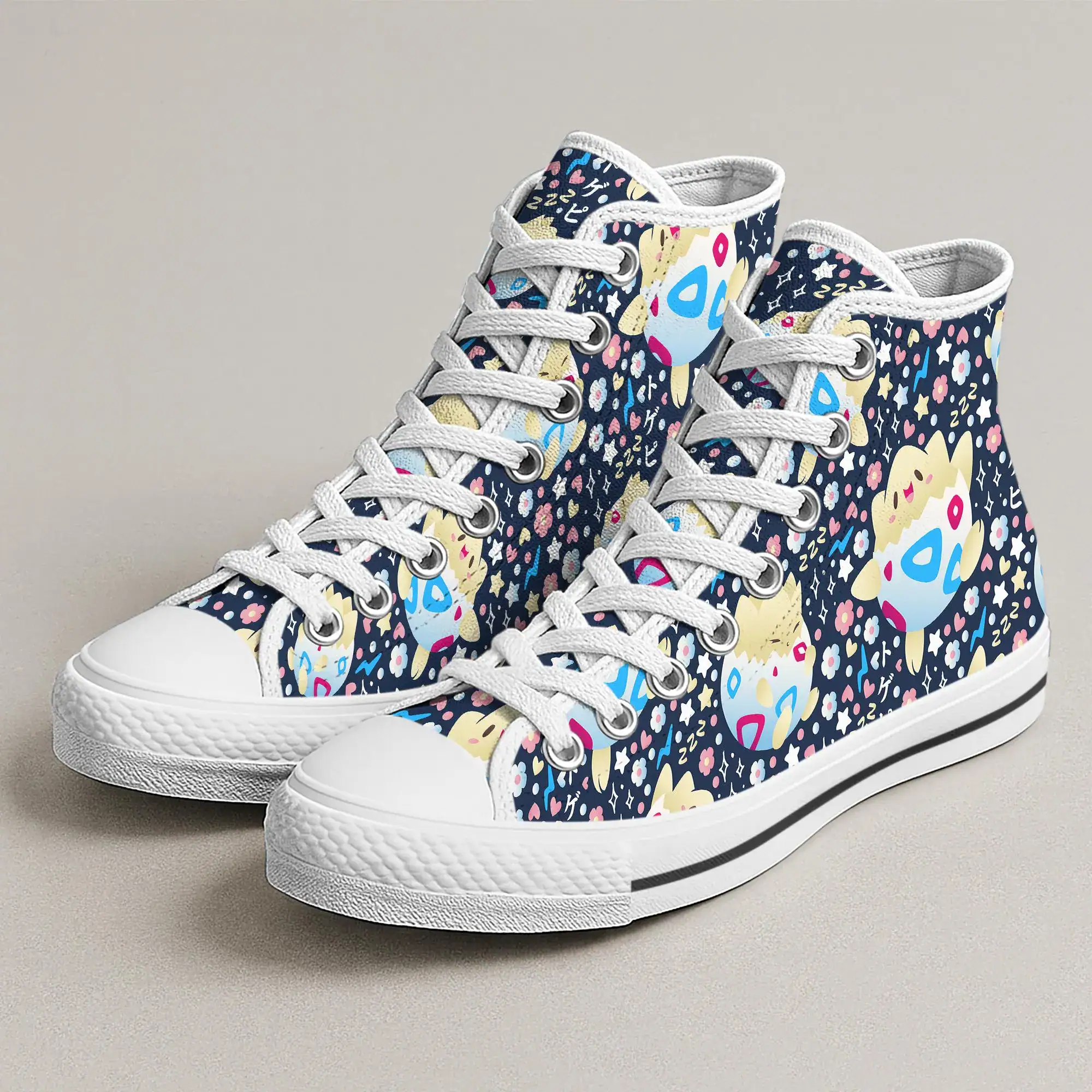 Togepi High Top Canvas Shoes, Cute Kawaii Anime Sneakers, Pastel Pattern Unisex Canvas Shoes, Togepi Shoes Gift