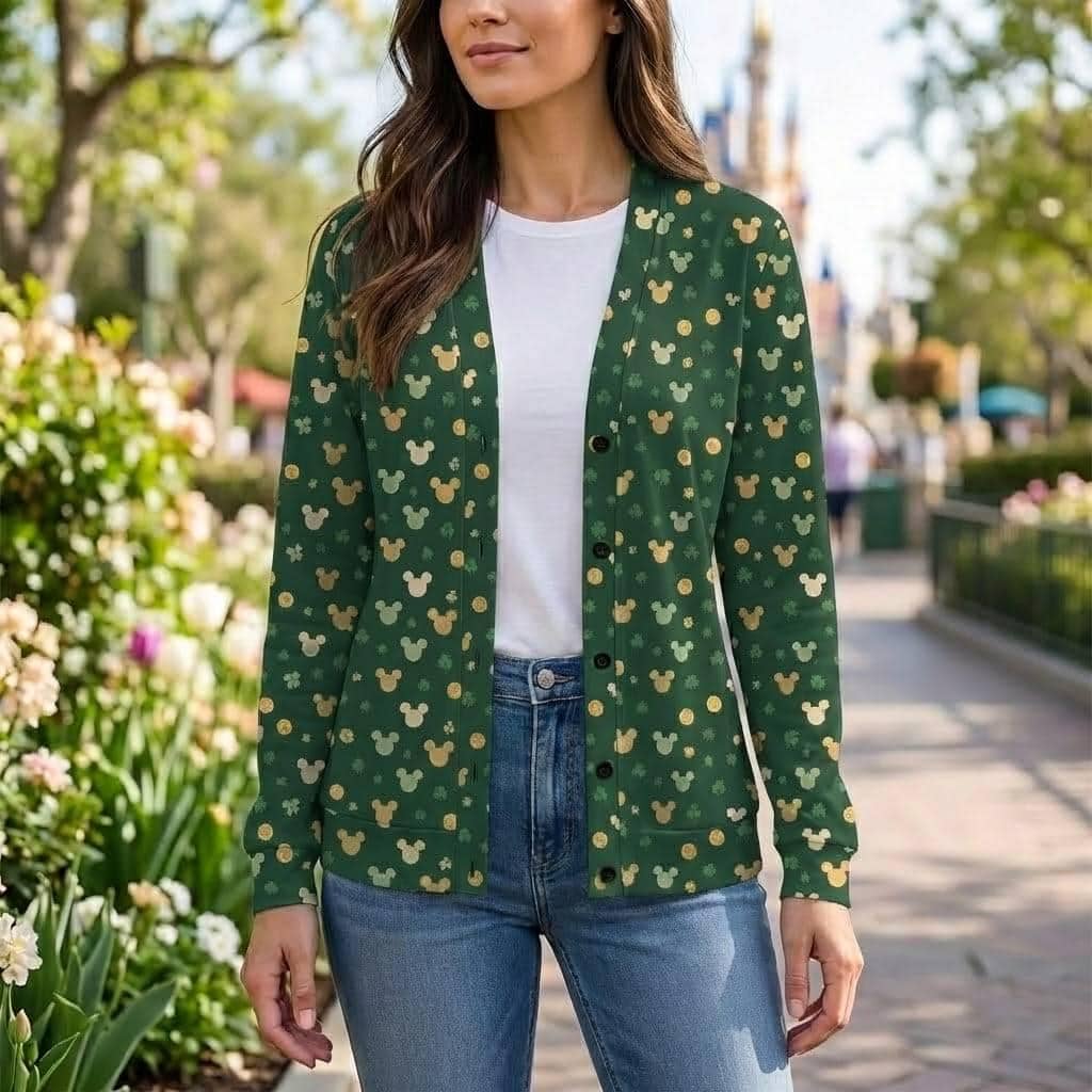 St Patricks Day Mickey Cardigan, Lucky Green Mickey Print Sweater, Shamrock DN Outfit, Cute Irish Cardigan