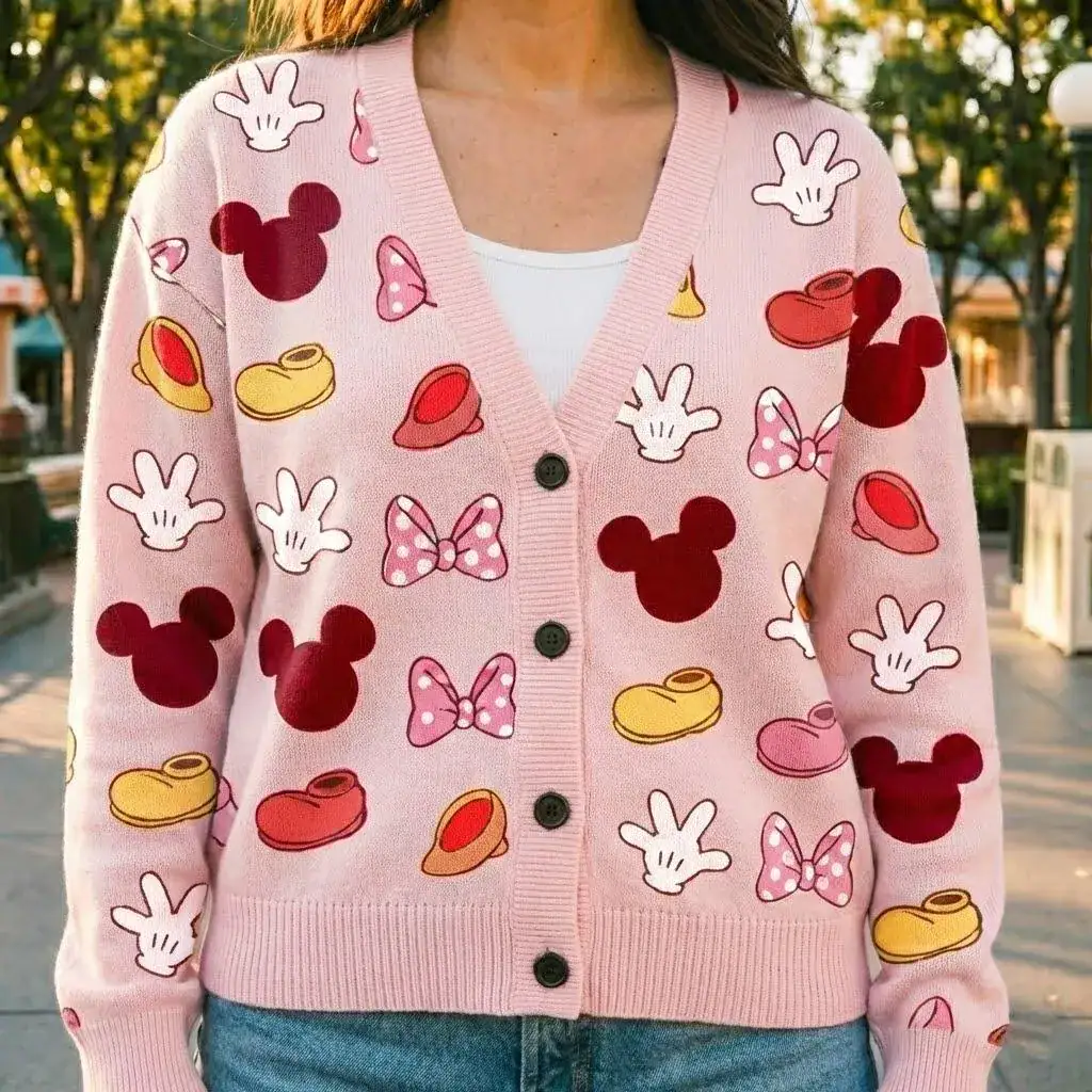 Pink Mickey Minnie Cardigan, Cute DN Icon Sweater, Mickey Bow Gloves Print, Girly DN Outfit