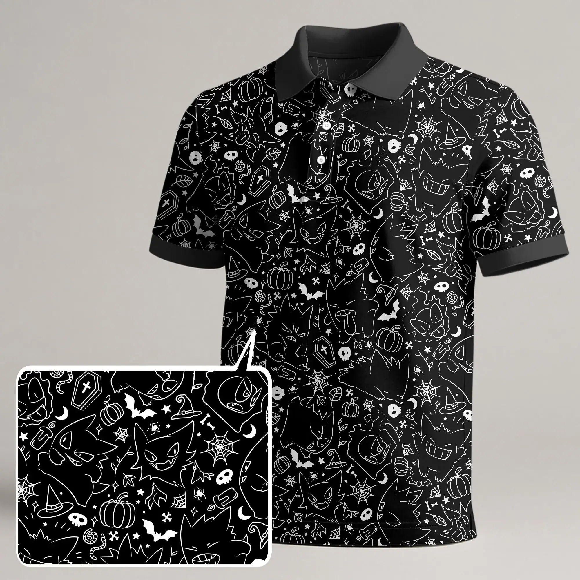 Gengar Polo Shirt, Spooky Black Line Art Pattern Polo Shirt, Cute Ghost Kawaii Shirt, Funny Halloween Shirt Gengar Shirt Gifts