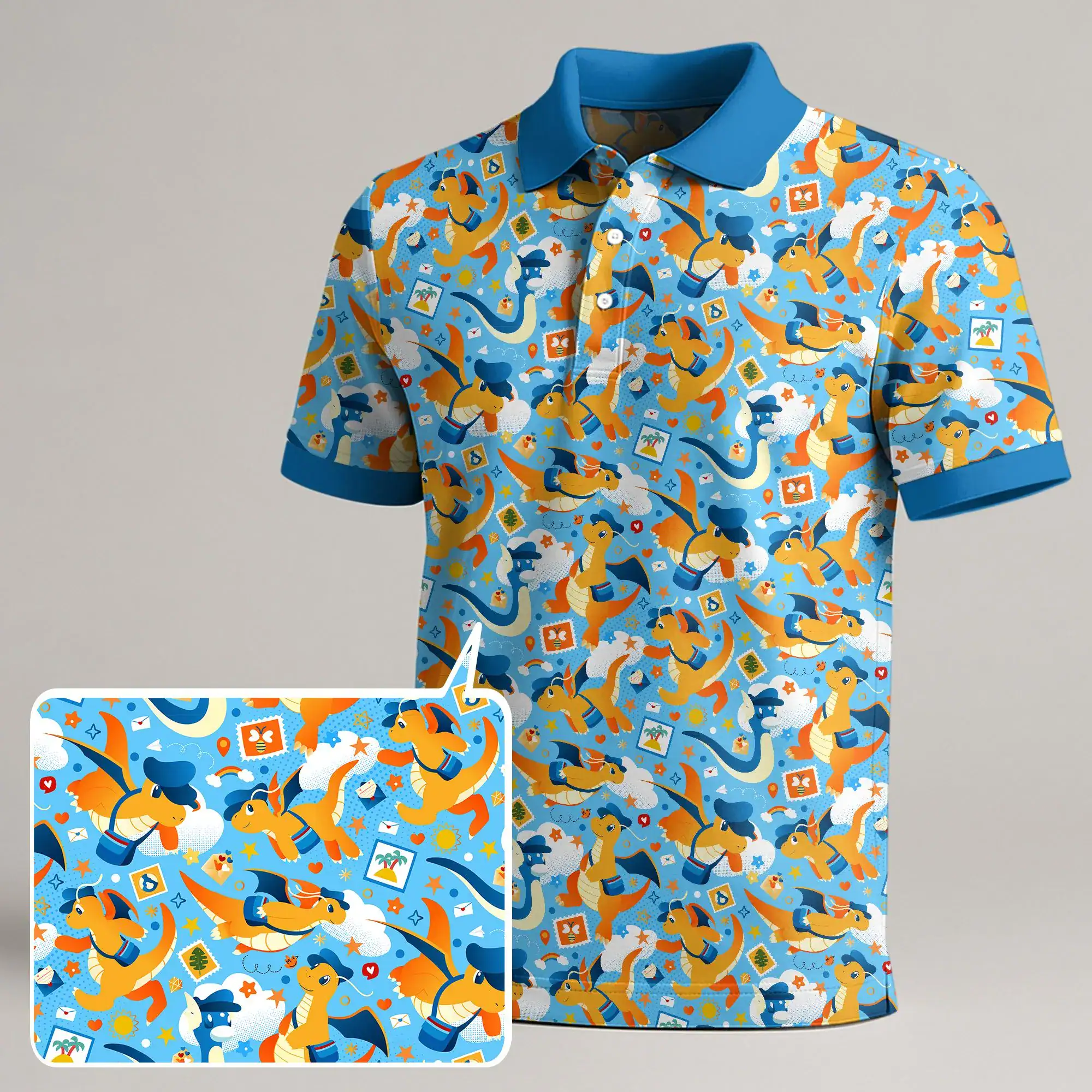Dragonite Polo Shirt, Cute Kawaii Dragon Pattern Polo Shirt, Funny Summer Shirt, Dragonite Shirt Gifts