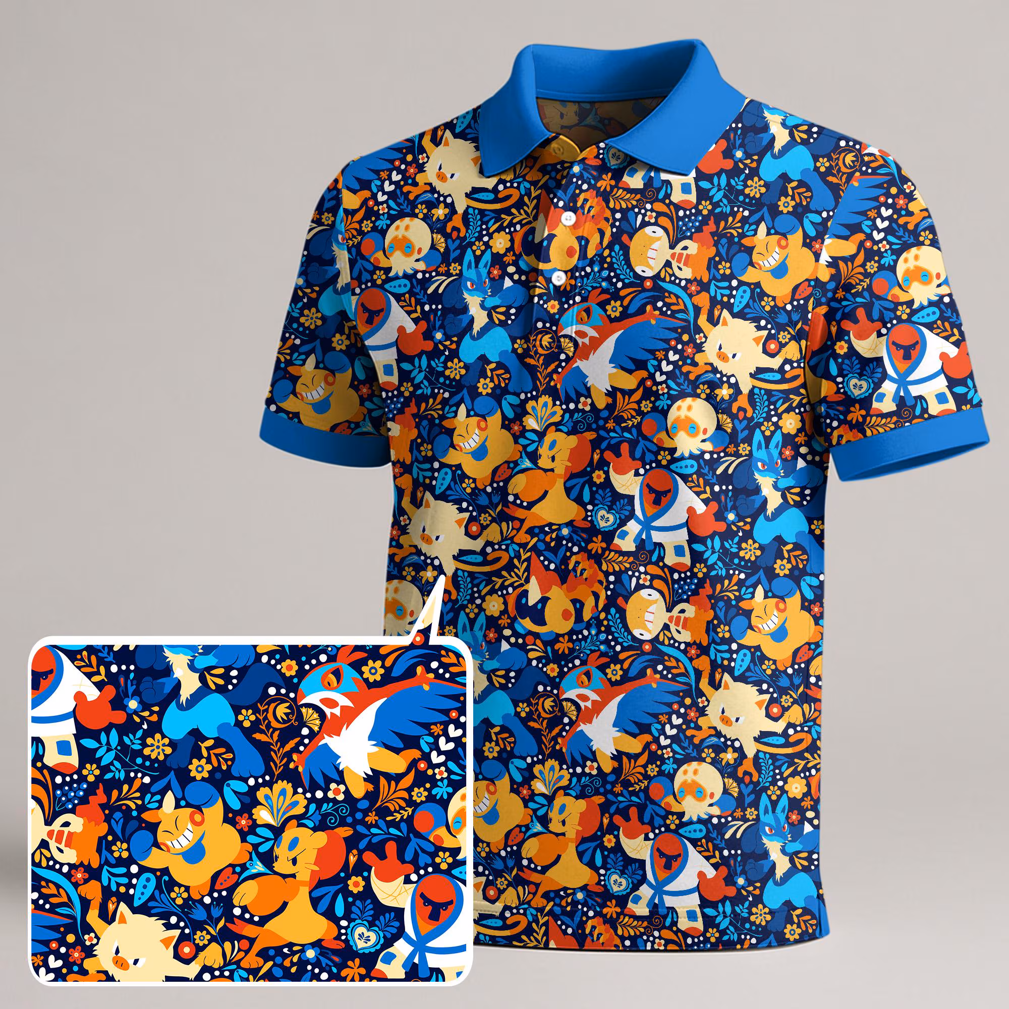 Lucario Primeape Polo Shirt, Cute Kawaii Fighting Pattern Polo Shirt, Funny Anime Summer Shirt, Lucario Shirt Gifts