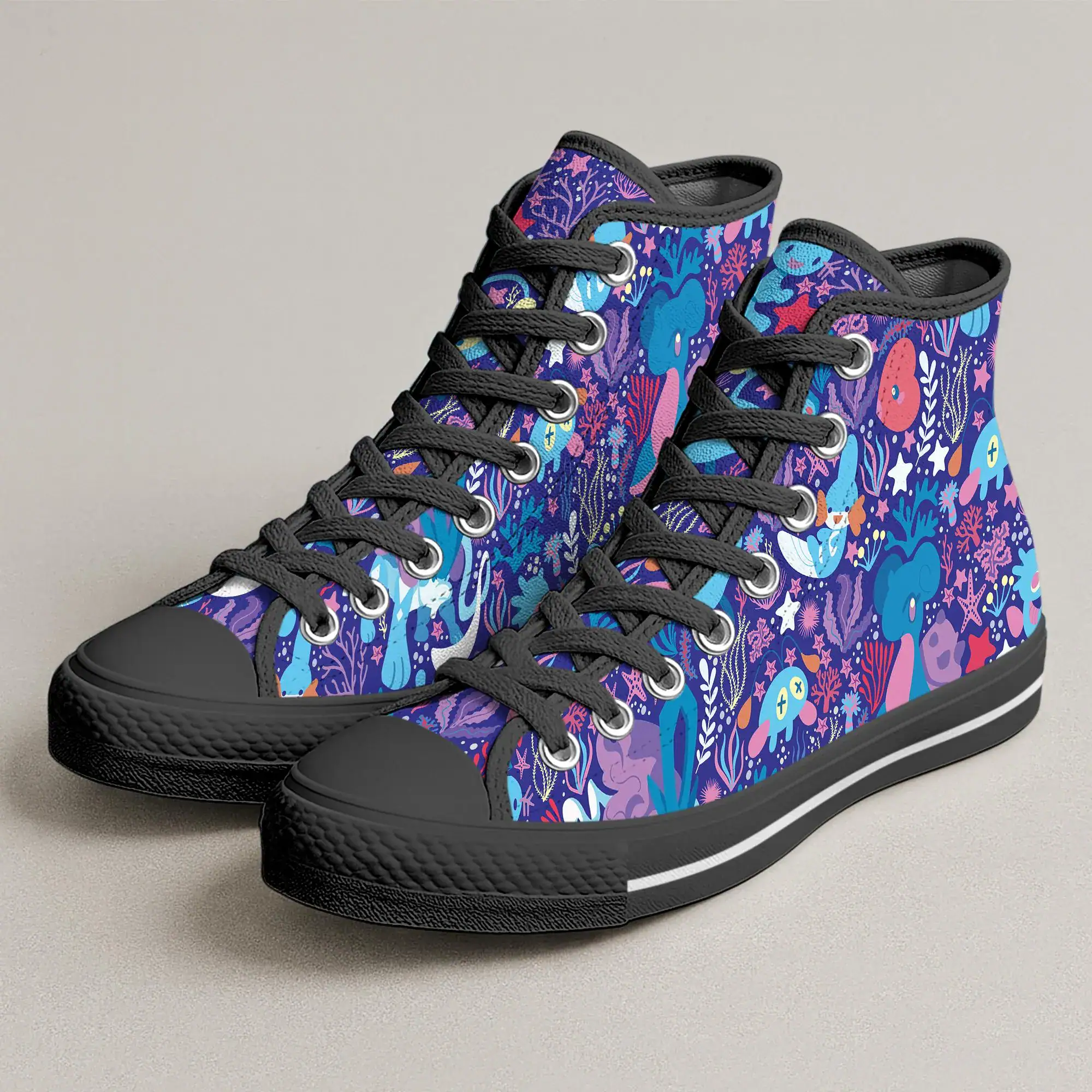 Wooper Lapras High Top Canvas Shoes, Cute Ocean Pattern Sneakers, Anime Style Canvas Shoes, Unisex Casual, Wooper Shoes Gifts