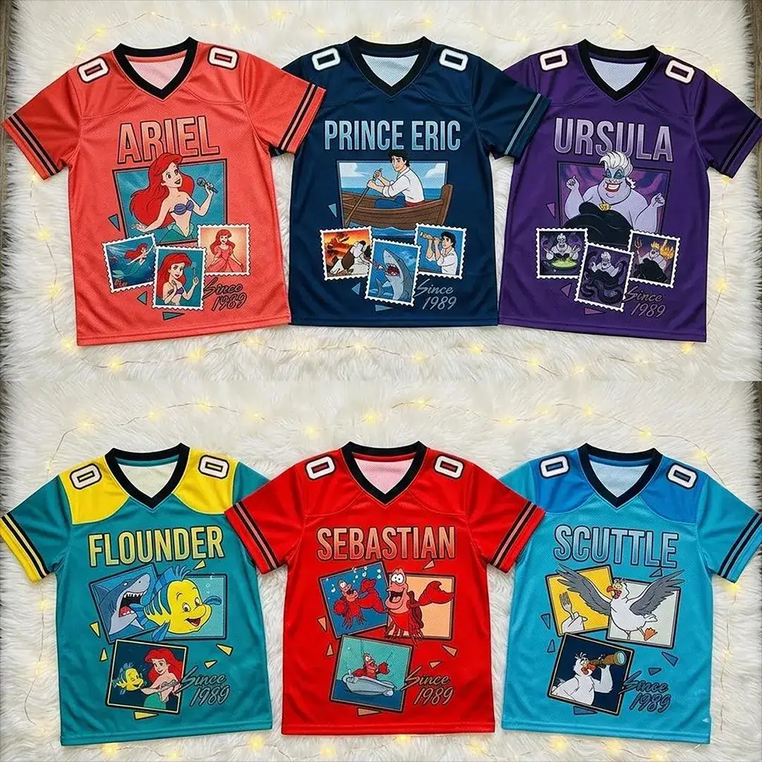 Little Mermaid Football Jersey Custom Name, Ariel Birthday Shirt, Sebastian Flounder DN Family Matching Outfit Gift, Y2k Jersey