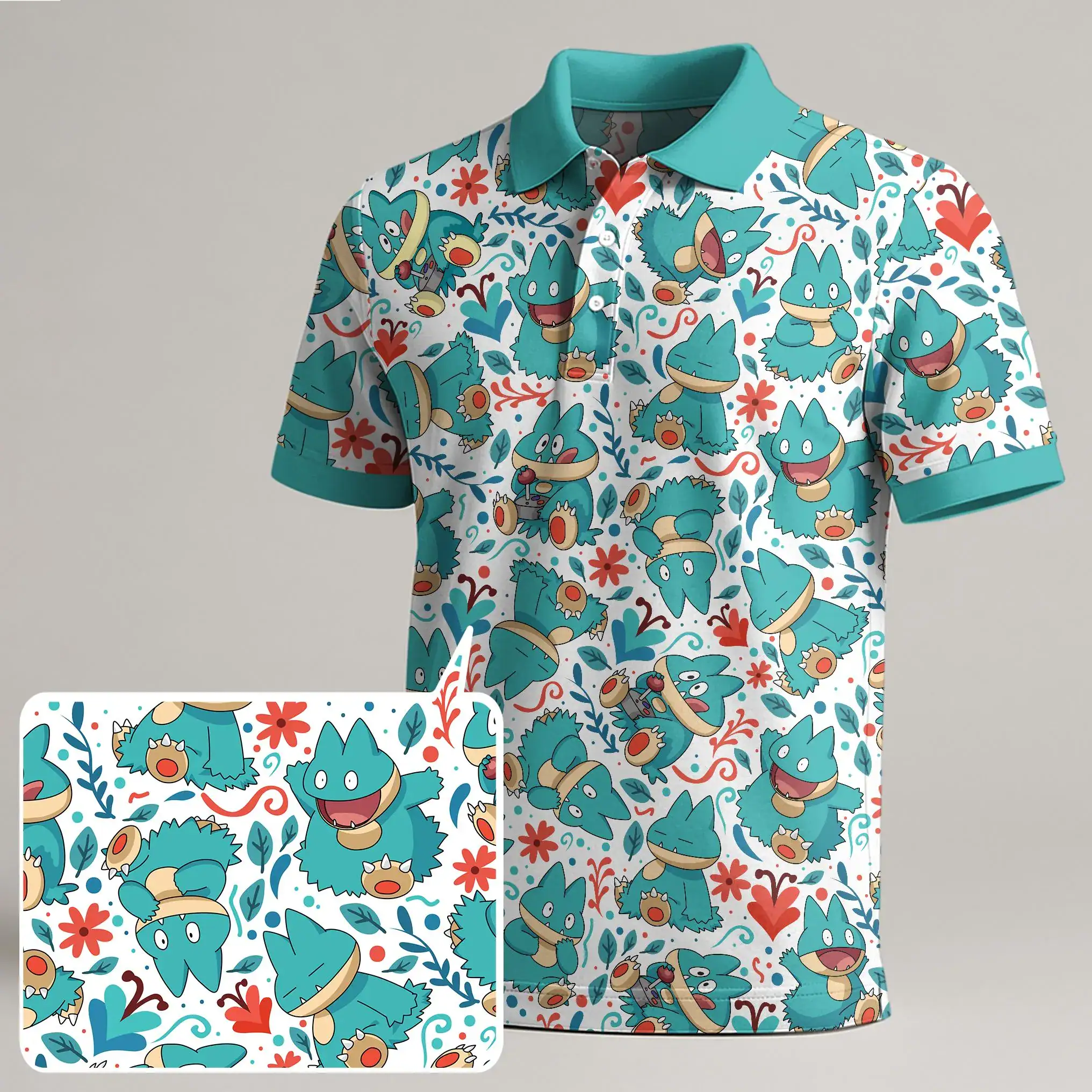 Munchlax Polo Shirt, Cute Kawaii Snack Pattern Polo Shirt, Funny Snorlax Summer Shirt, Munchlax Shirt Gifts