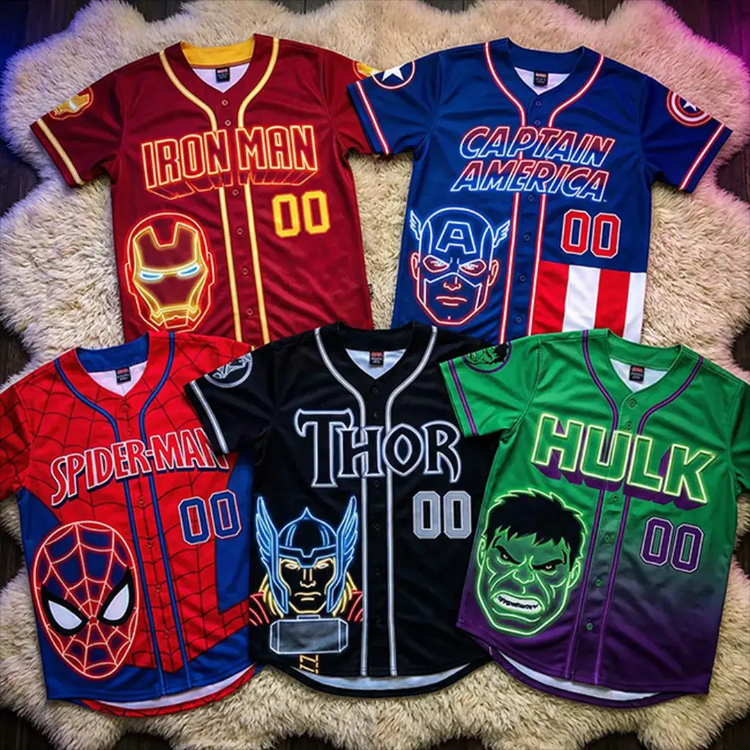 Marvel Avengers Baseball Jersey Custom Name, Iron Man Spider Man Thor Hulk Captain America Kids Birthday Party Shirt Gift, Y2k Jersey