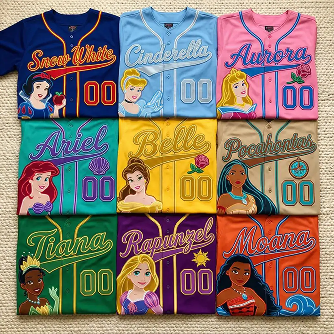 DN Princess Baseball Jersey Custom Name, Ariel Belle Rapunzel Shirt,Princess Birthday Tee, Girls Party Family Matching Gift, Y2k Jersey