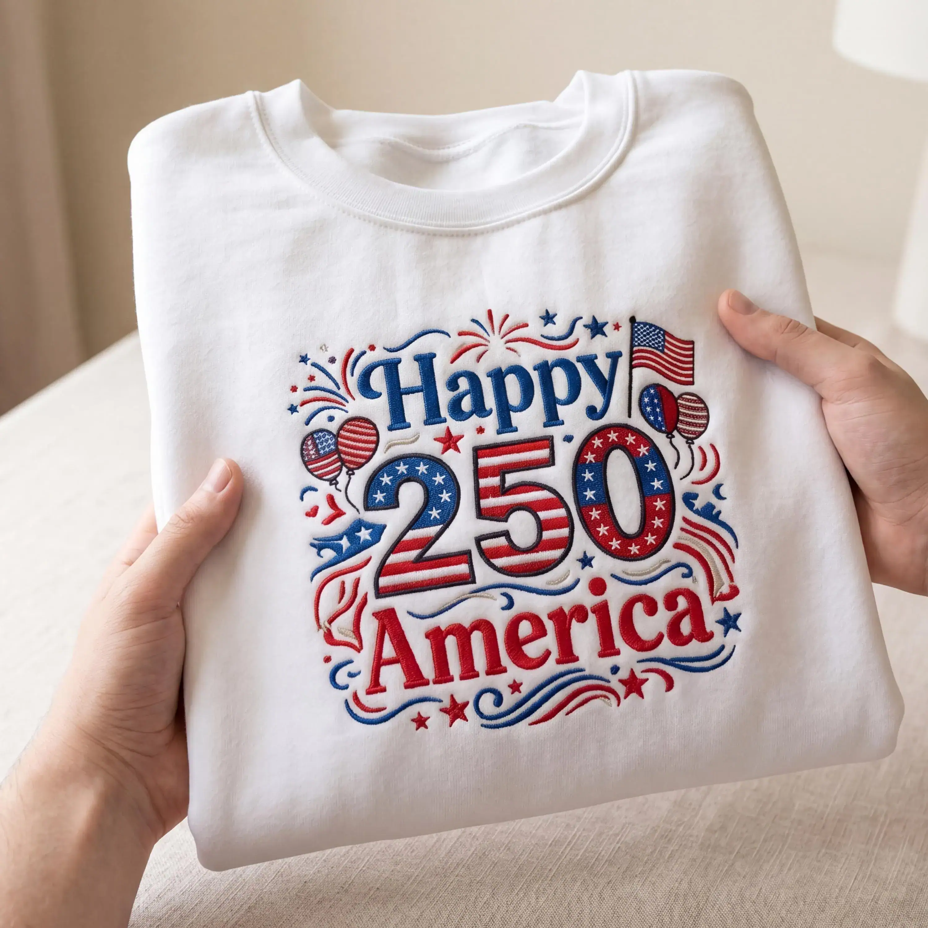 Embroidered Happy 250 America Patriotic Shirt, 1776-2026 American Flag Independence Day Tee, Fourth of July USA Anniversary Gift Apparel