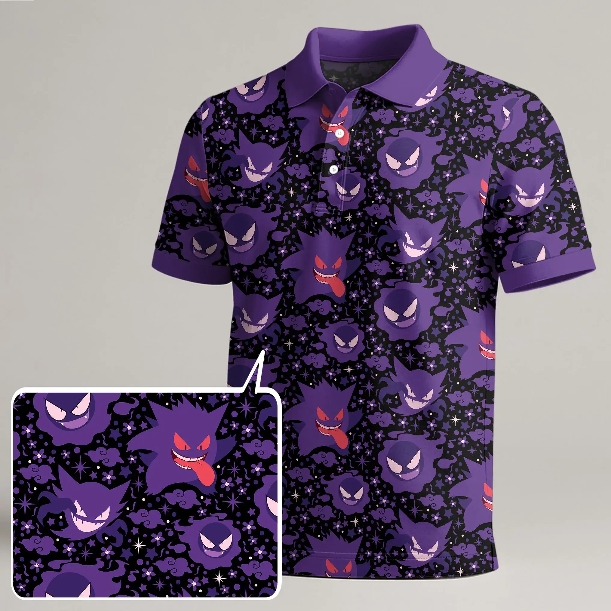 Gengar Polo Shirt, Dark Ghost Kawaii Pattern Polo Shirt, Funny Purple Summer Shirt, Gengar Shirt Gifts