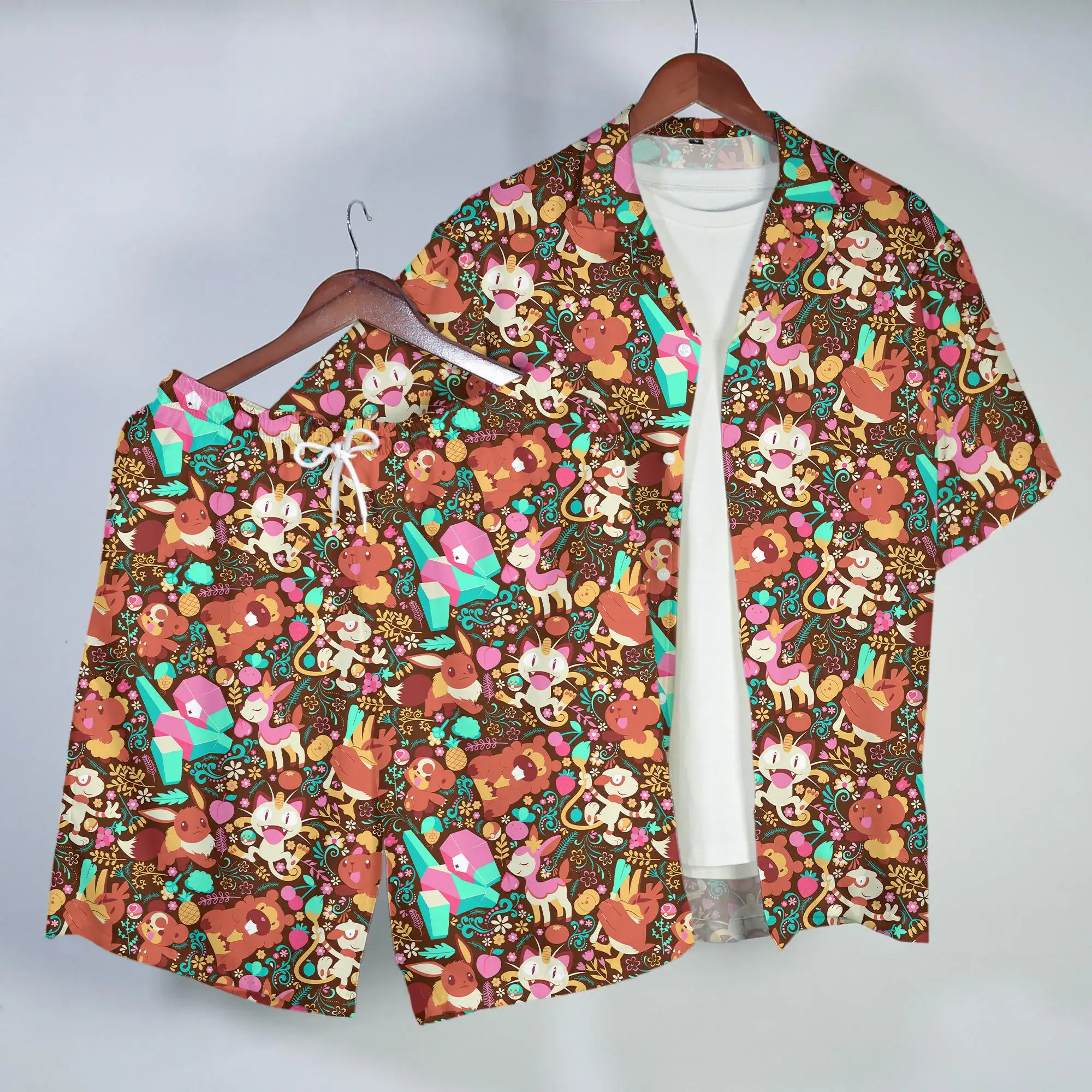 Eevee Porygon Hawaiian Shirt Tropical Button Up Shirt Summer Beach Short Retro Pixel Fantasy Pattern Matching Set Eevee Shirt Gifts
